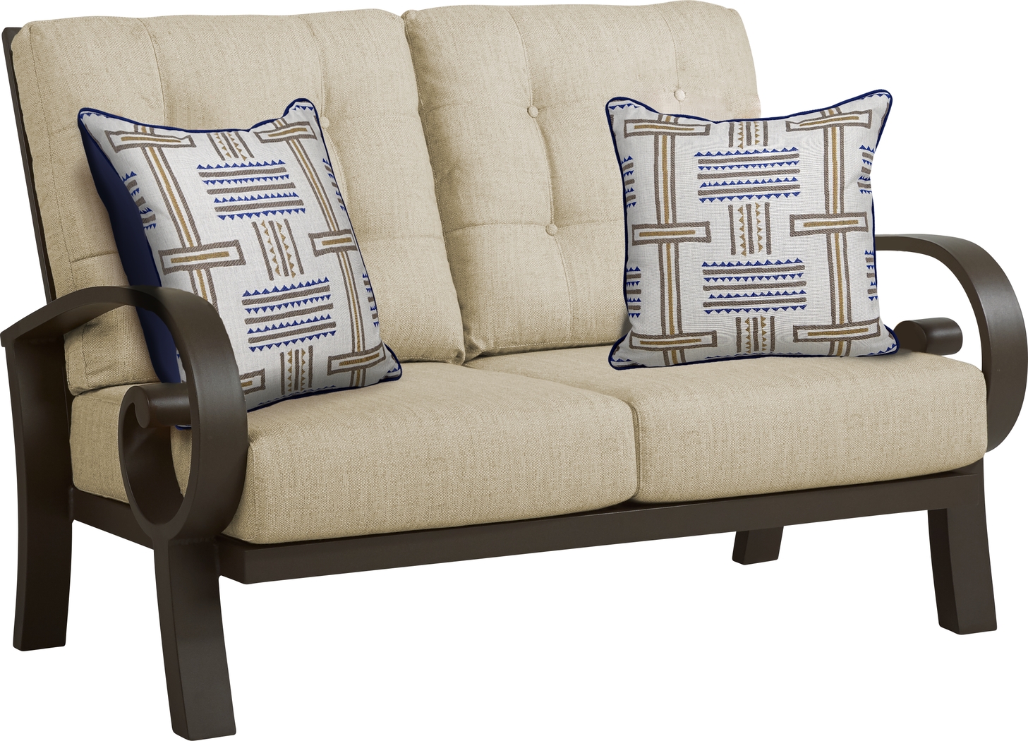 Bermuda Bay Aged Bronze Outdoor Loveseat with Straw Cushions - Thumbnail - Image 1