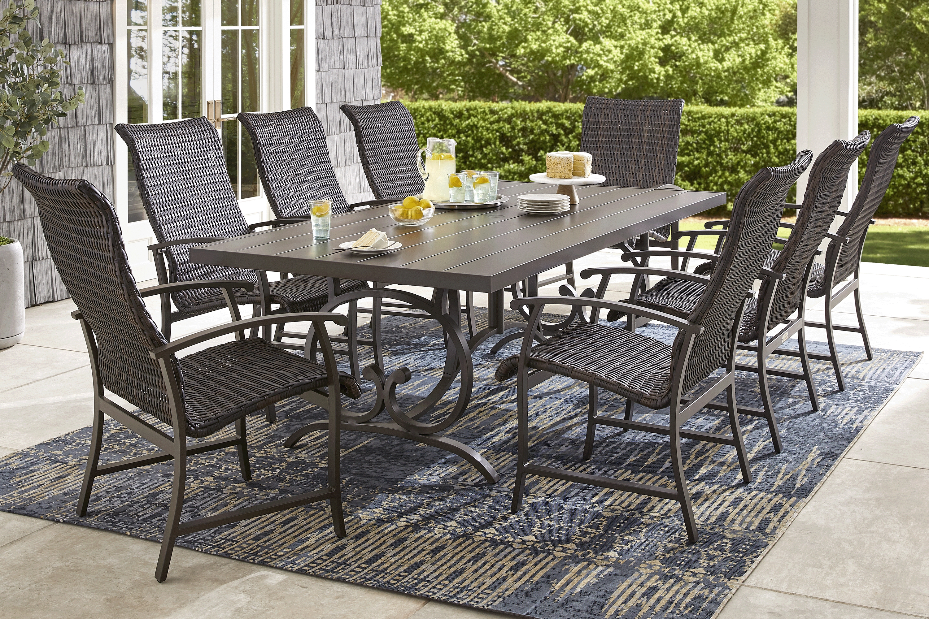 Lake Breeze Aged Bronze 9 Pc Outdoor 90 in. Rectangle Dining Set with Wicker Chairs - Thumbnail - Image 1
