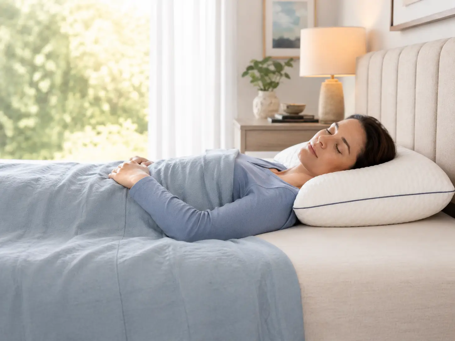 A woman sleeping peacefully on a white pillow on a bed with a blue blanket in a bright, cozy bedroom.