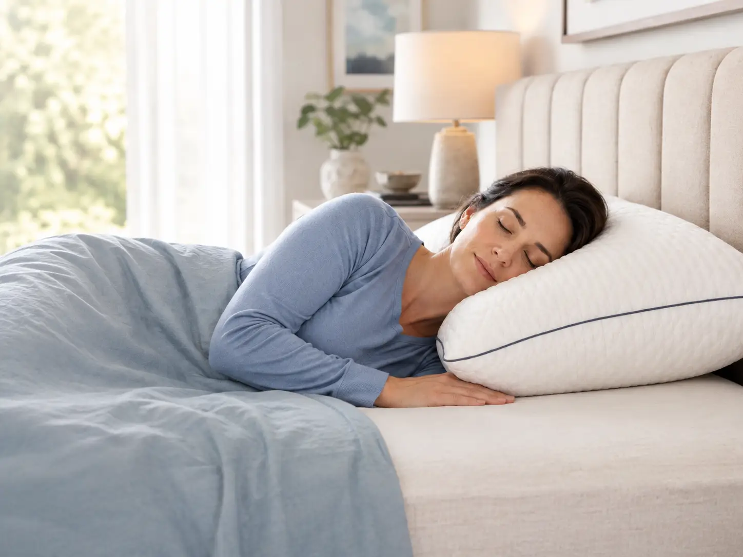 A woman sleeping peacefully on a white pillow with a blue trim on a bed with a beige headboard.