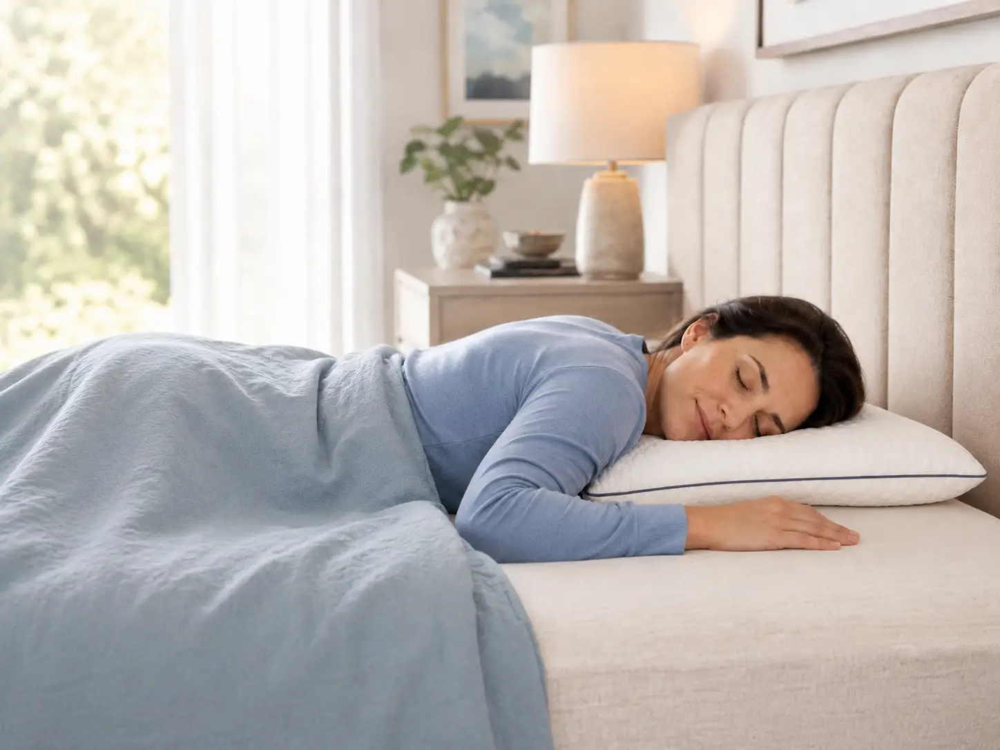 A woman sleeping on a white pillow on a bed with a light blue blanket and a beige upholstered headboard.