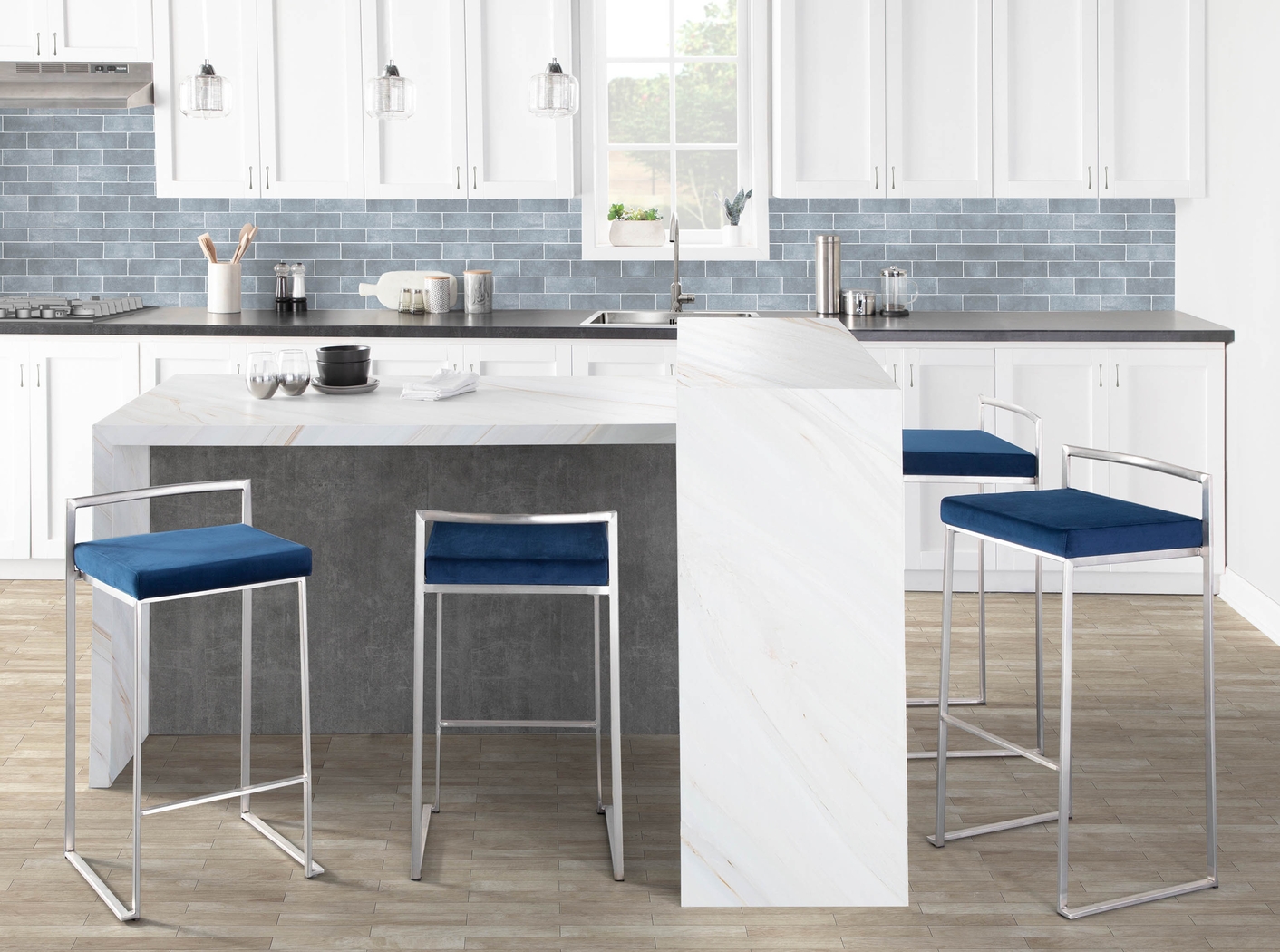 Birdlake IV Blue Barstool, Set of 3 - Thumbnail - Image 4