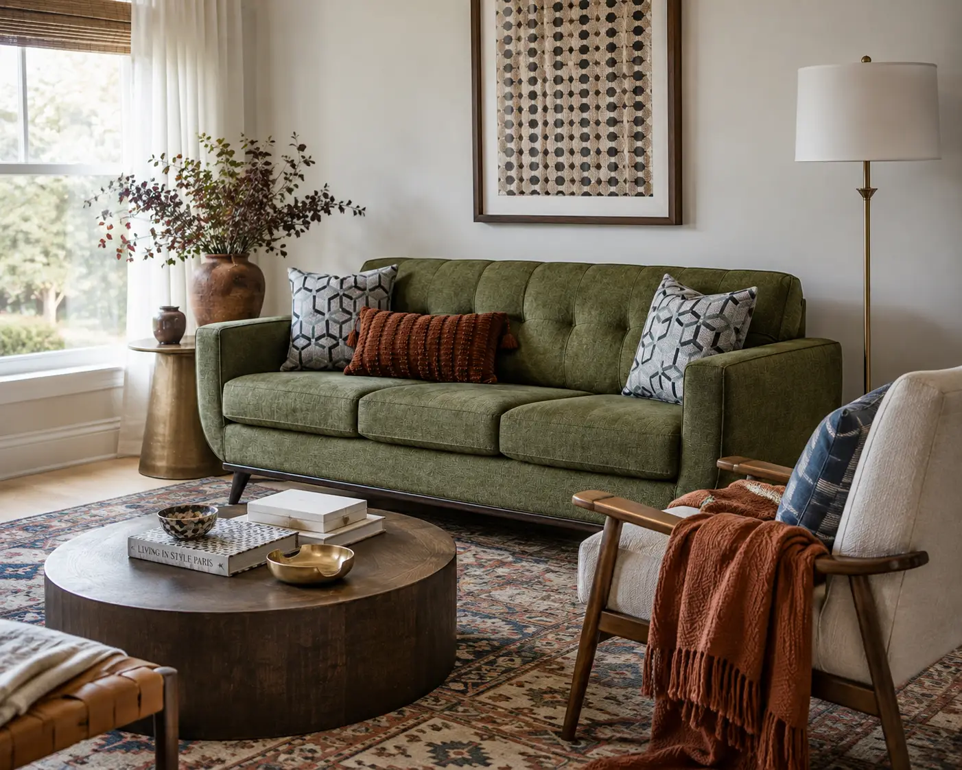 A green tufted sofa with patterned pillows and a rust-colored throw pillow in a living room with a round coffee table.