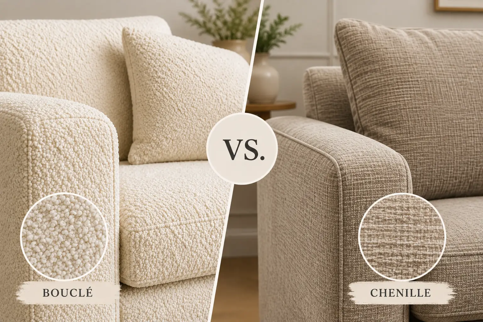 BOUCLÉ VS. CHENILLE: A side-by-side comparison of a cream-colored bouclé sofa and a textured beige chenille sofa.