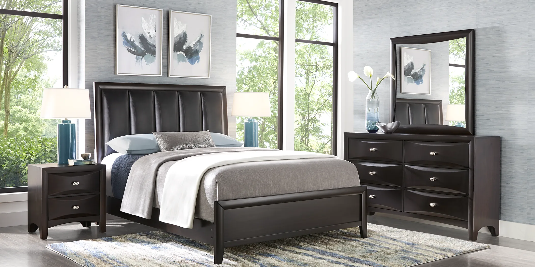 Brookeville Dark Brown 7 Pc Queen Upholstered Bedroom - Thumbnail - Image 1