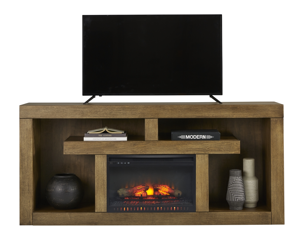 Brookland Park Brown 80 in. Console with Electric Log Fireplace - Thumbnail - Image 1