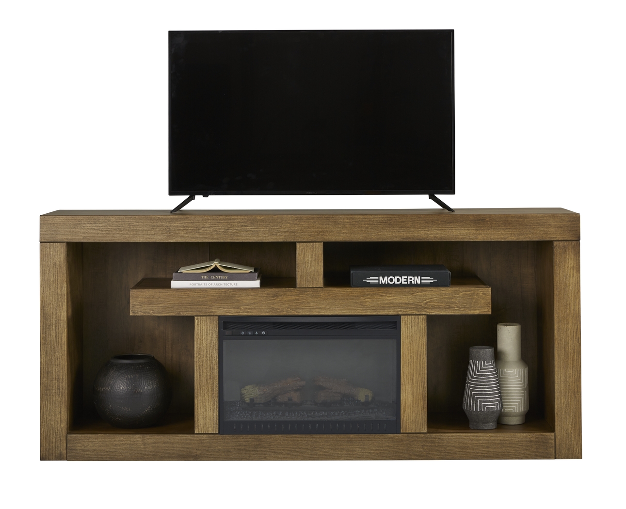 Brookland Park Brown 80 in. Console with Electric Log Fireplace - Thumbnail - Image 2
