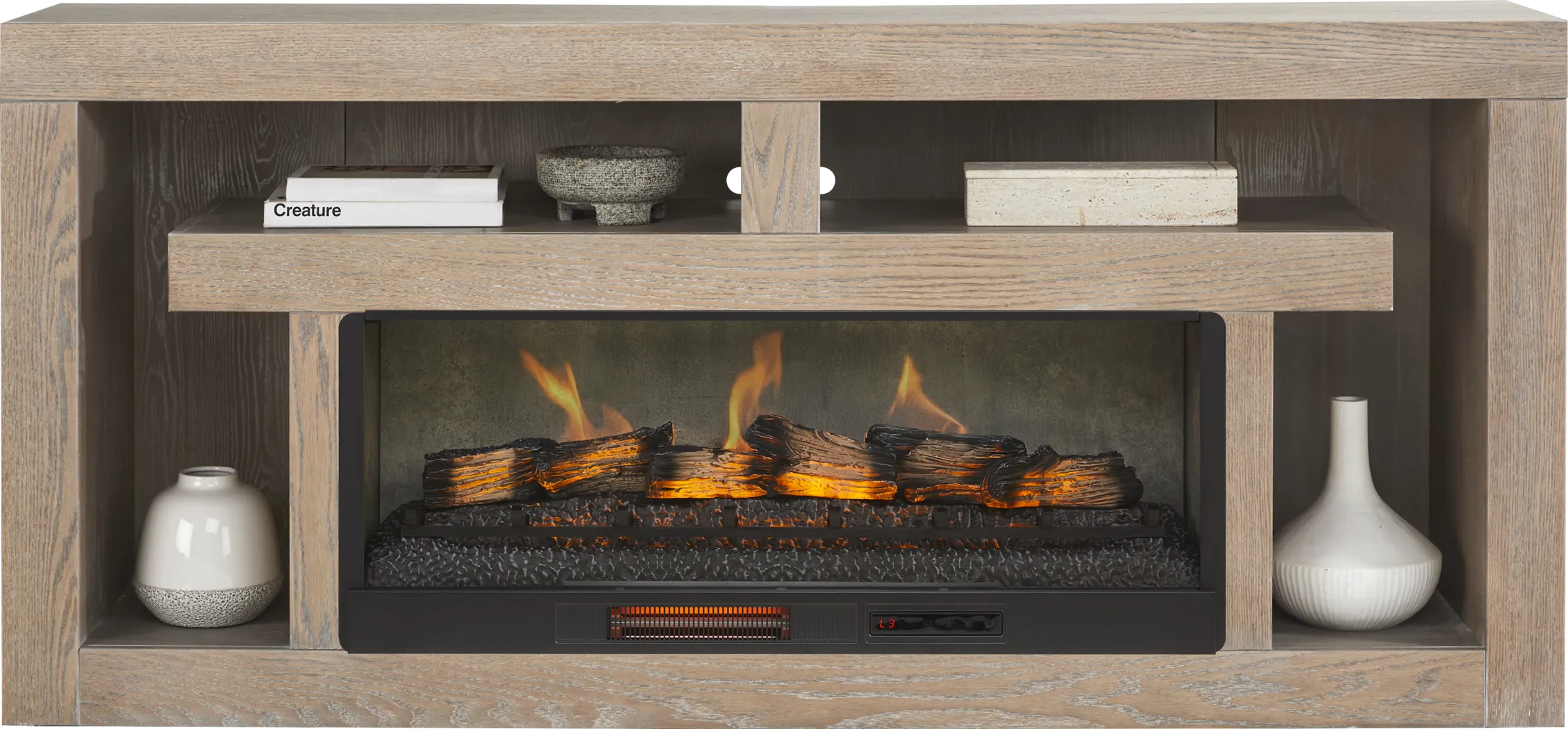 Brookland Park Brown 80 in. Console with Electric Log Fireplace - Thumbnail - Image 2