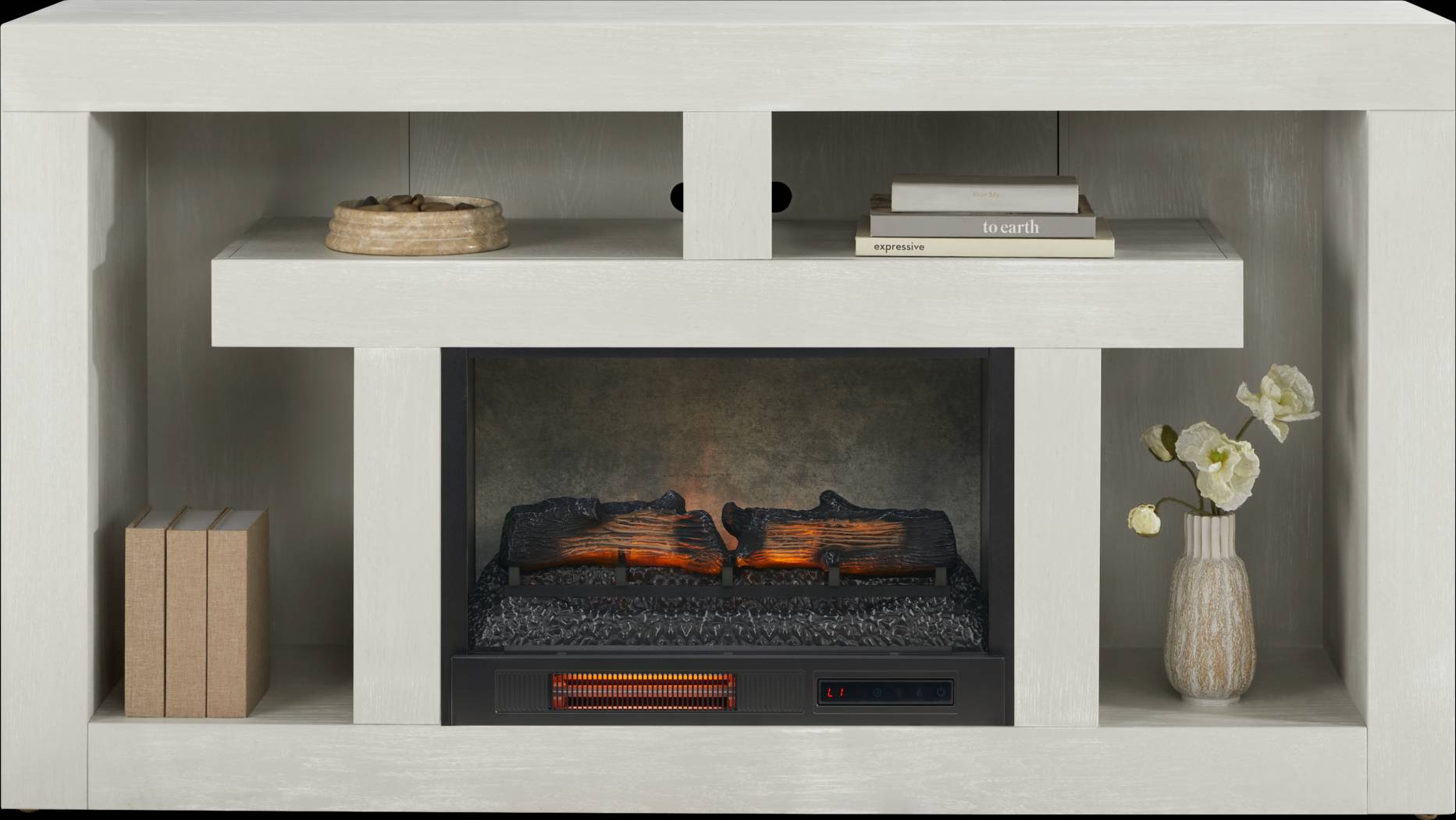 Brookland Park Light Gray 66 in. Console with Electric Log Fireplace - Thumbnail - Image 2