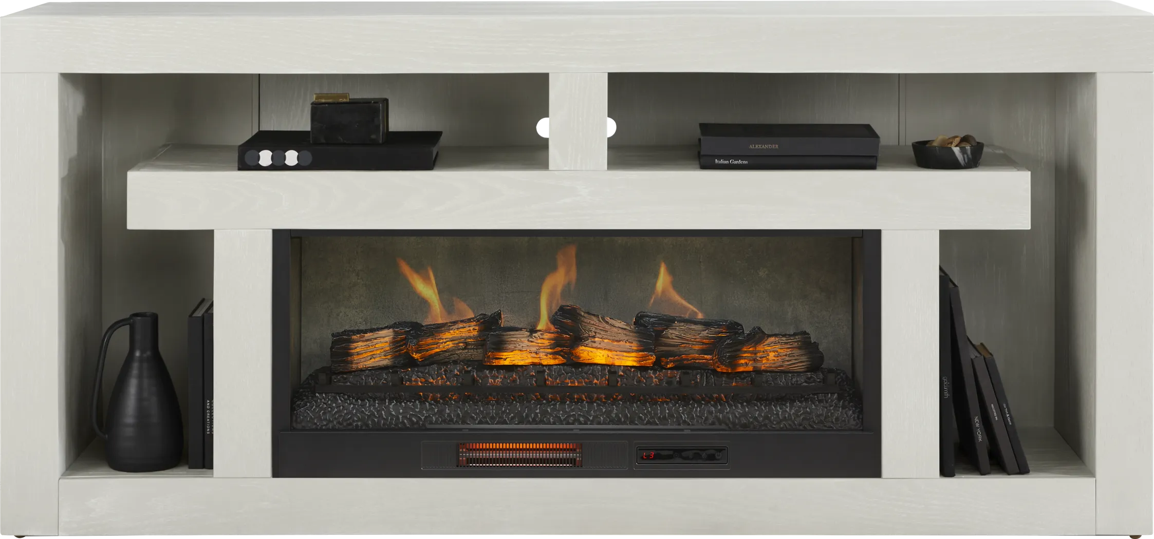Brookland Park Light Gray 80 in. Console with Electric Log Fireplace - Thumbnail - Image 2