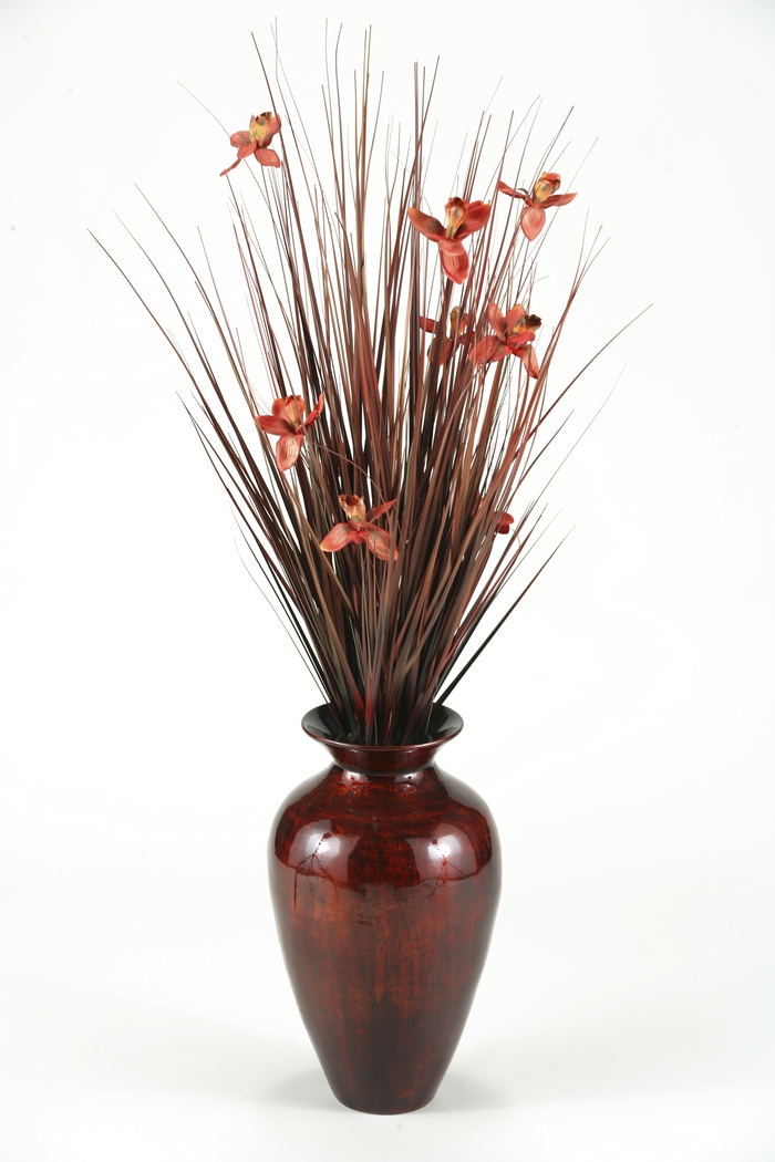 Brown Ting with Burgundy Blossoms in Spun Bamboo Vase - Thumbnail - Image 1