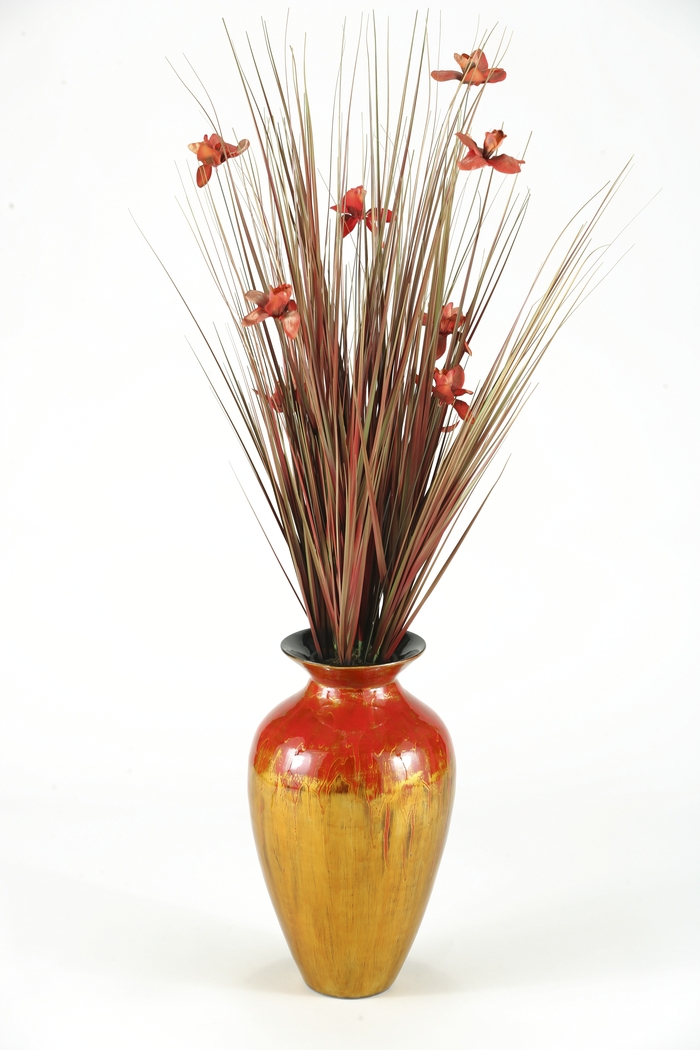 Brown Ting with Red Blossoms in Spun Bamboo Vase - Thumbnail - Image 1