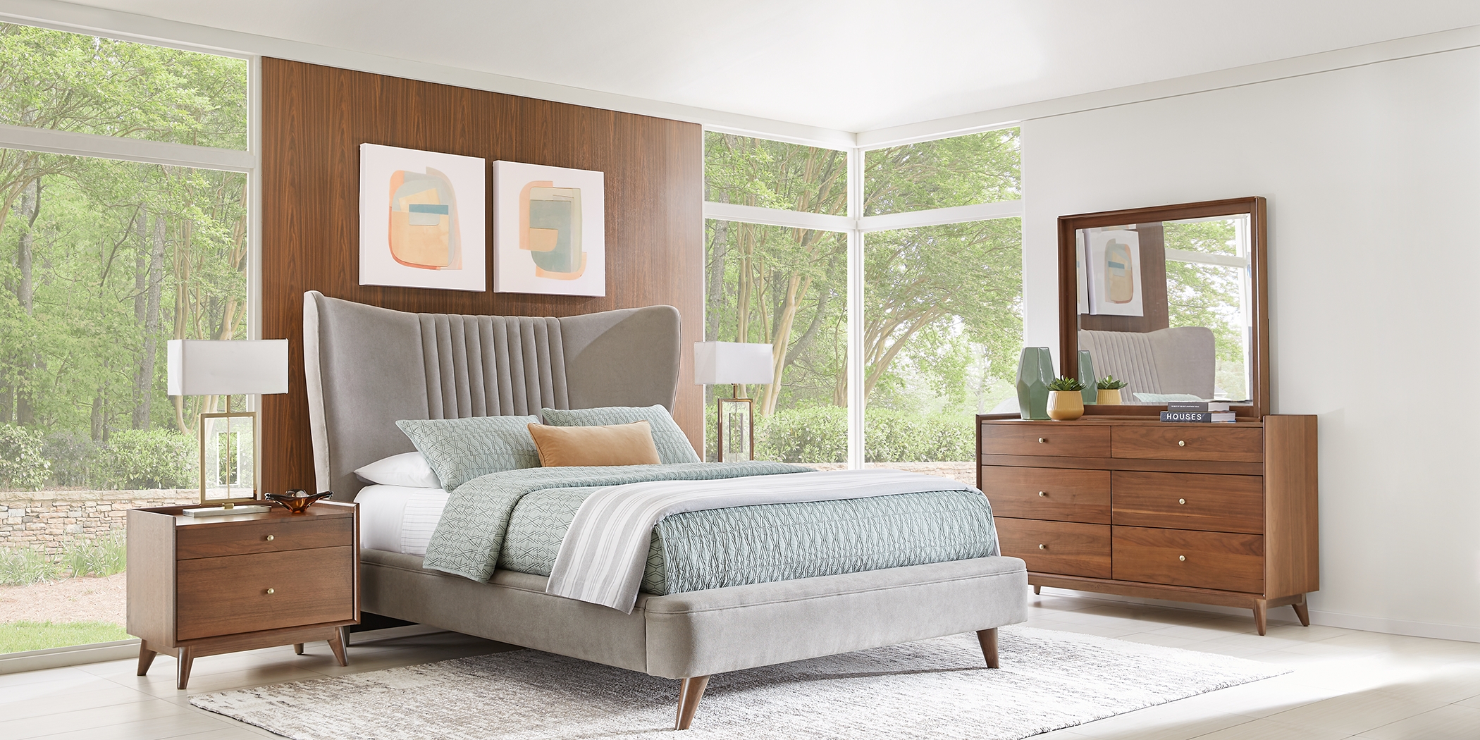 Broxbern Walnut 5 Pc King Upholstered Bedroom - Thumbnail - Image 2