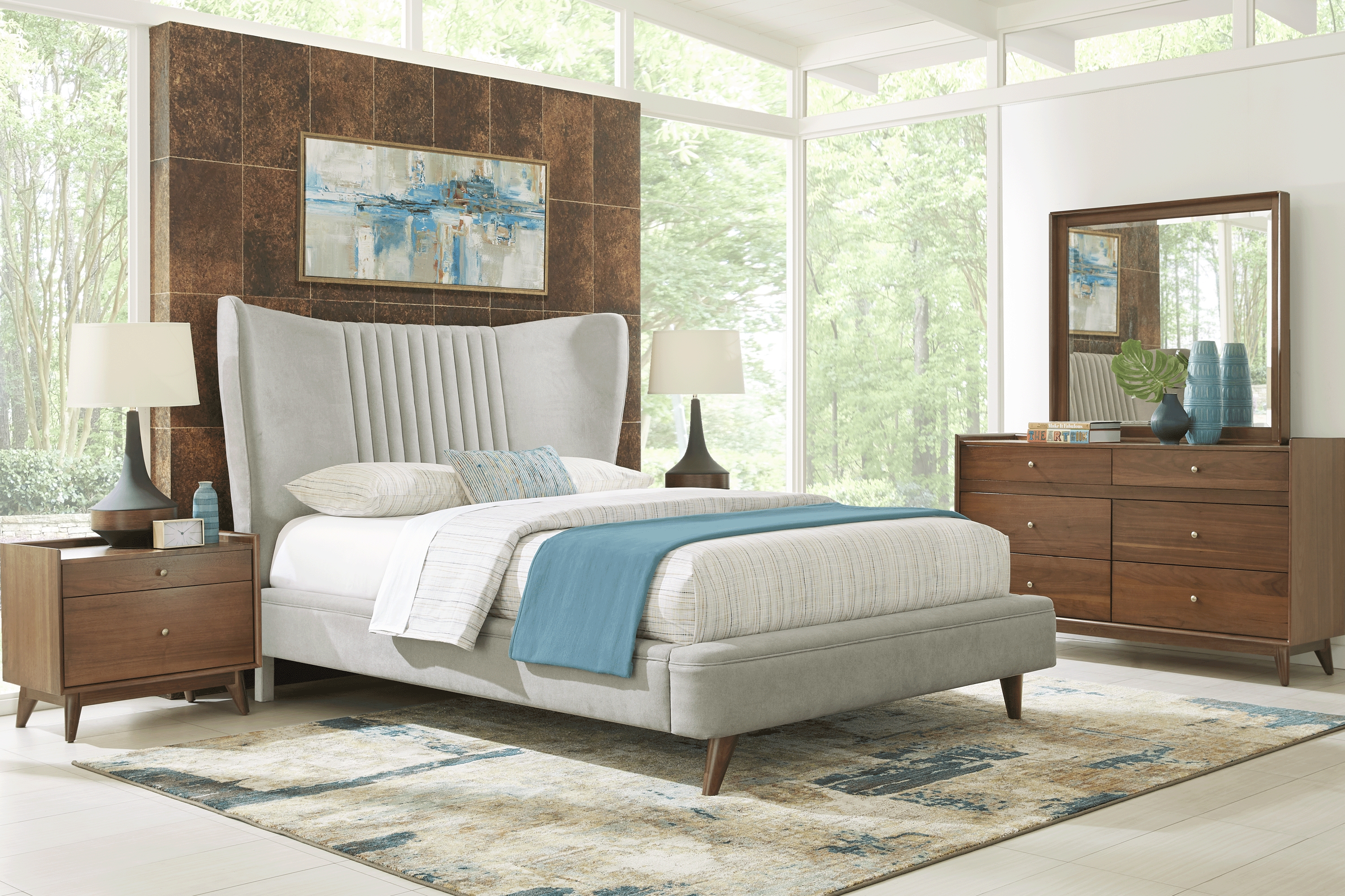 Broxbern Walnut 5 Pc Queen Upholstered Bedroom - Thumbnail - Image 1