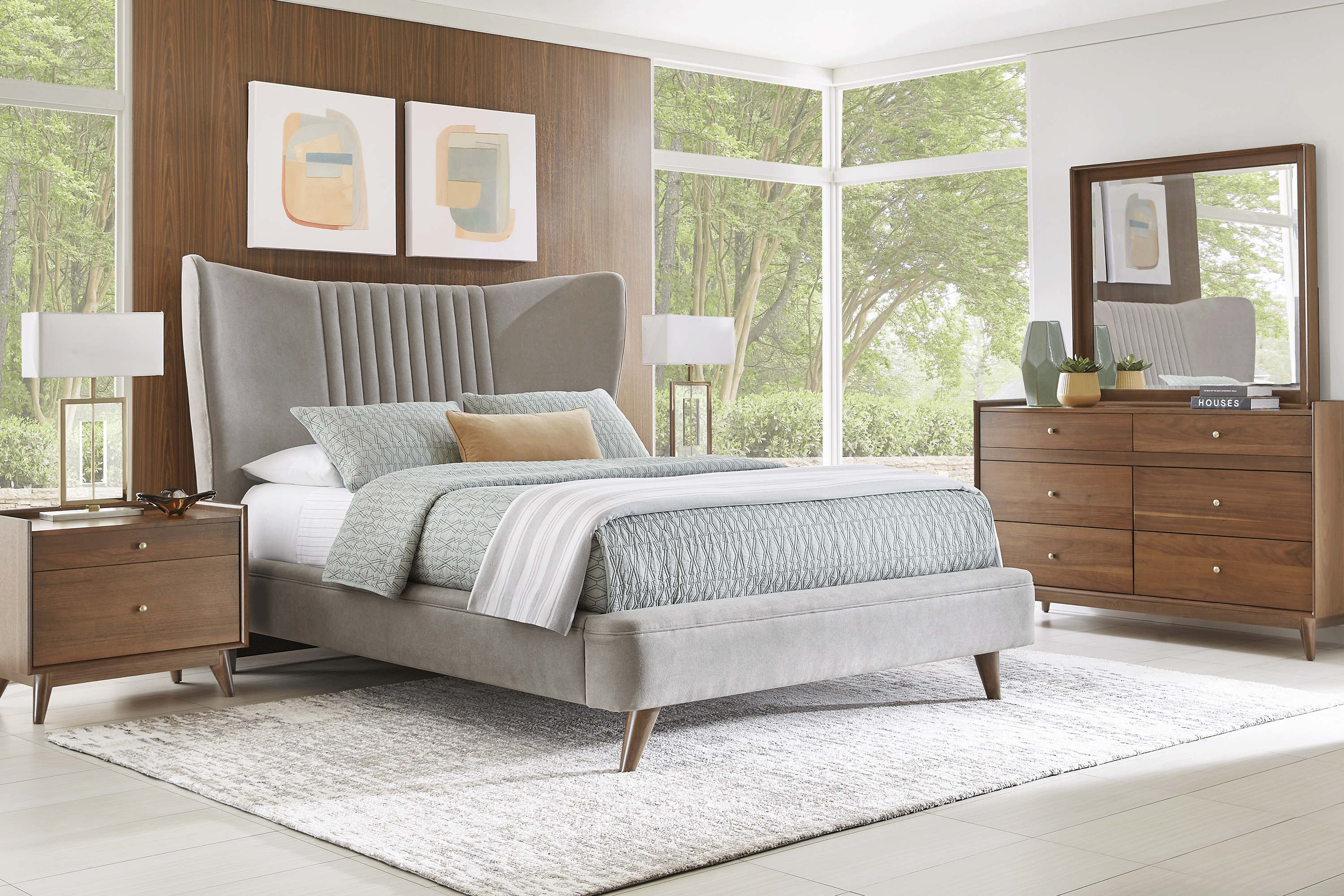 Broxbern Walnut 5 Pc Queen Upholstered Bedroom - Thumbnail - Image 1