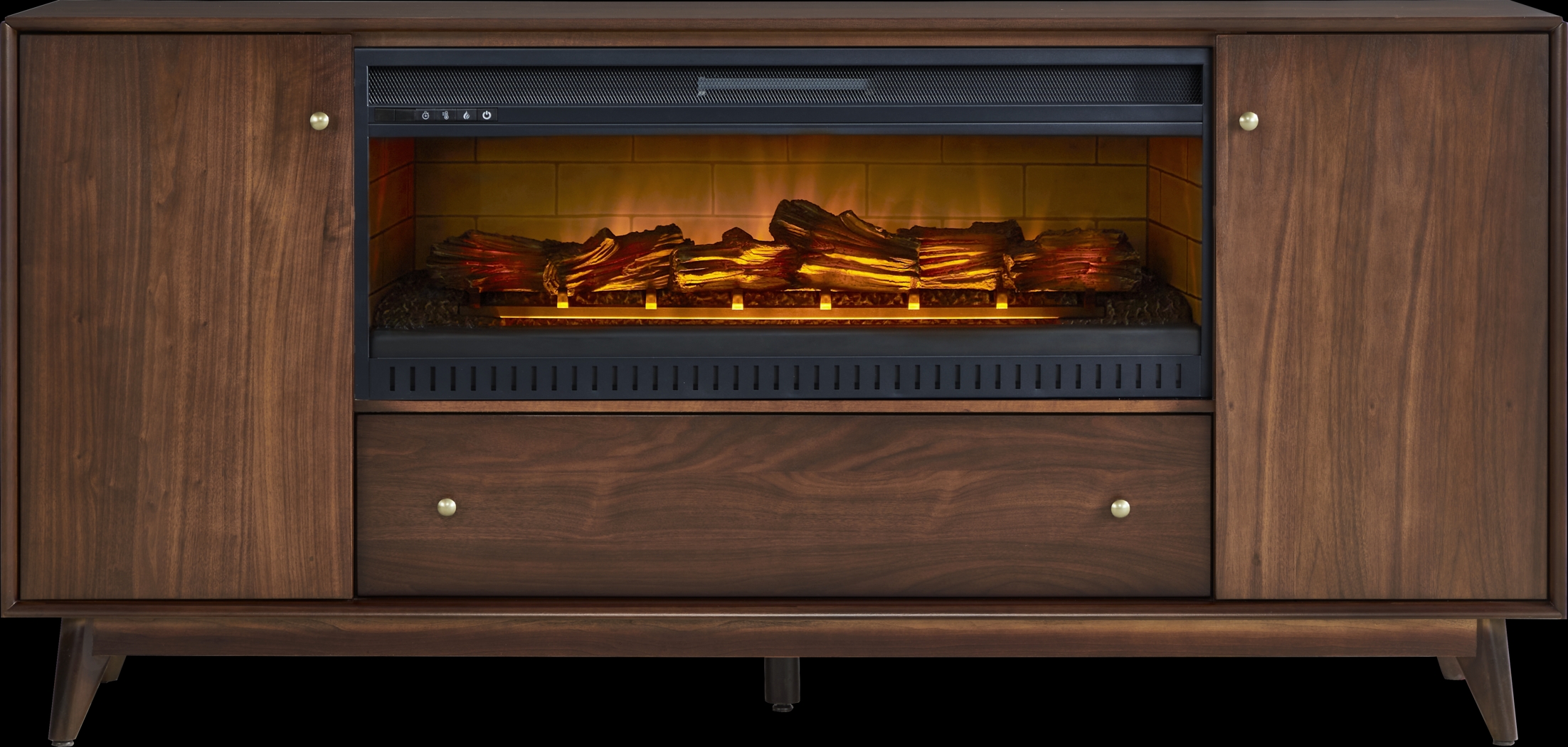 Broxbern Walnut Finish 76 in. Console with Electric Log Fireplace - Thumbnail - Image 1