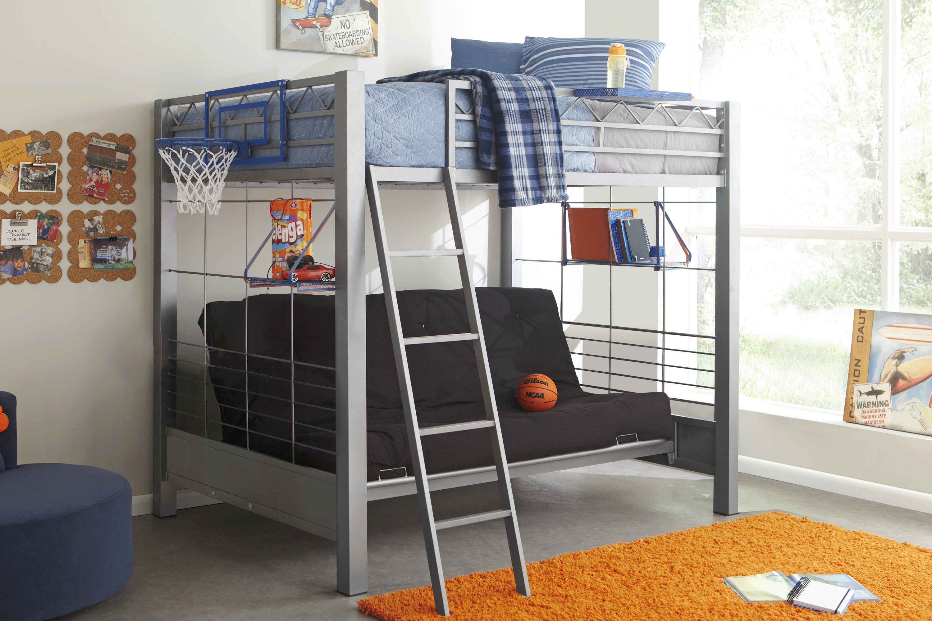 Build-a-Bunk Gray Full/Futon Loft Bed with Blue Accessories - Thumbnail - Image 2