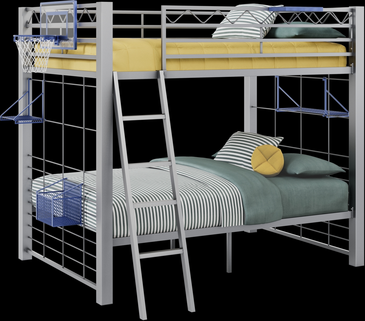 Build-a-Bunk Gray Full/Full Bunk Bed with Blue Accessories and Basketball Hoop - Thumbnail - Image 1