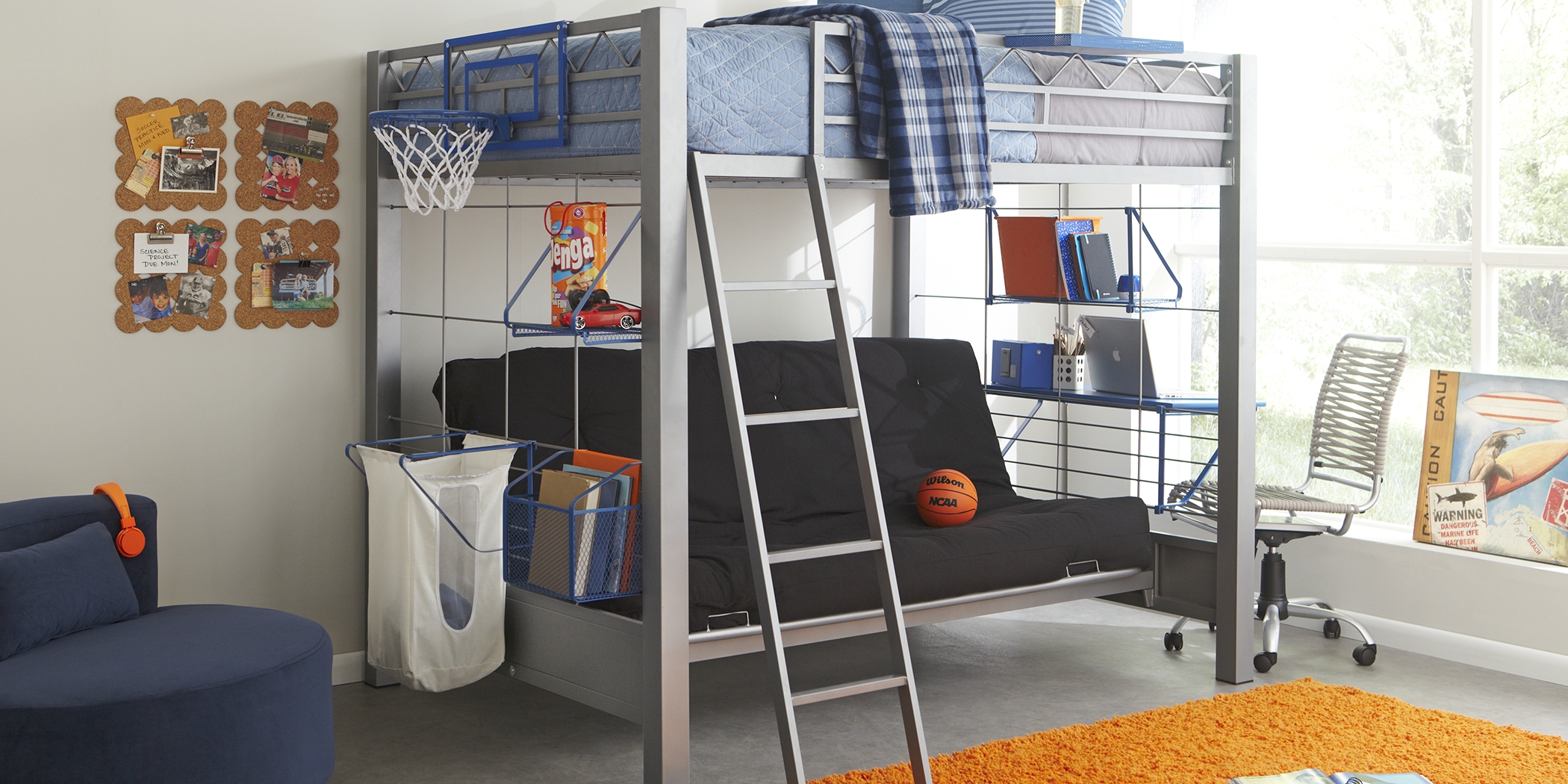 Build-a-Bunk Gray Full/Futon Loft Bed with Blue Accessories - Thumbnail - Image 2