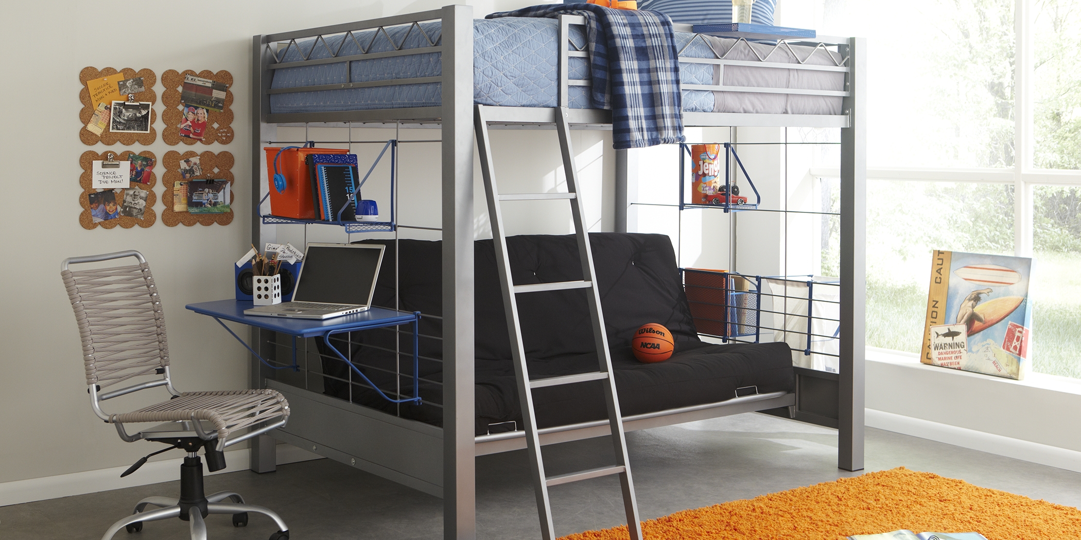 Build-a-Bunk Gray Full/Futon Loft Bed with Blue Accessories - Thumbnail - Image 2