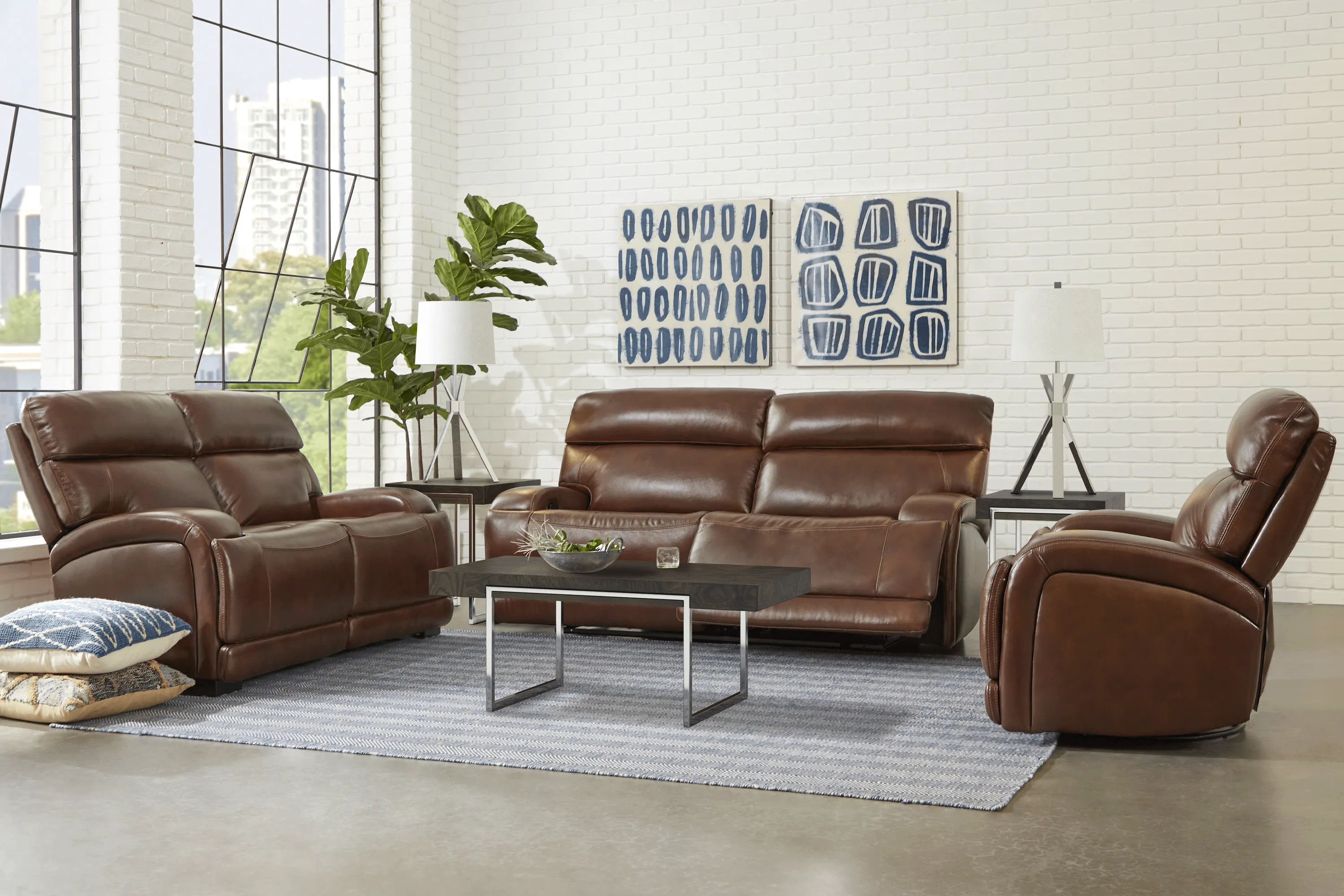 Burgio Brown Leather 5 Pc Living Room with Reclining Sofa - Thumbnail - Image 1