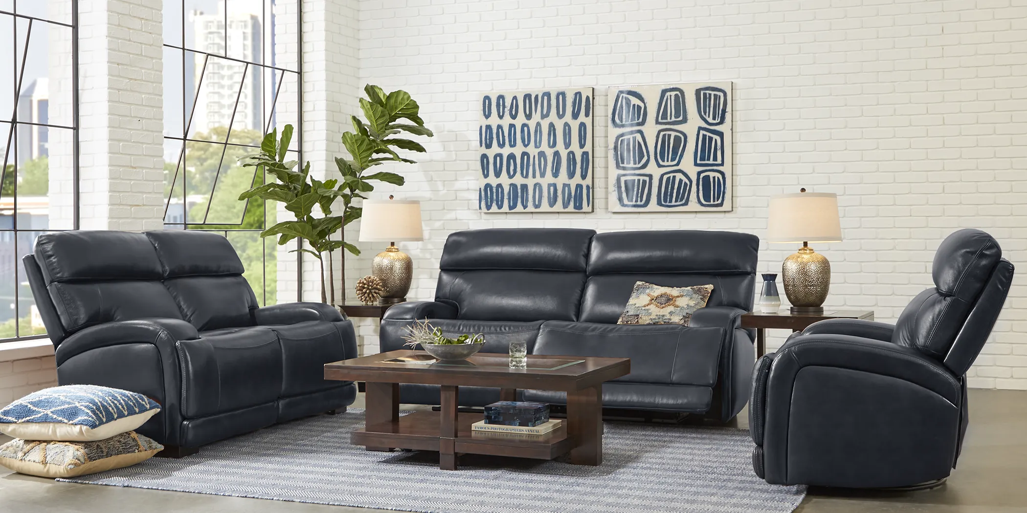 Burgio Navy Leather 2 Pc Living Room with Reclining Sofa - Thumbnail - Image 1
