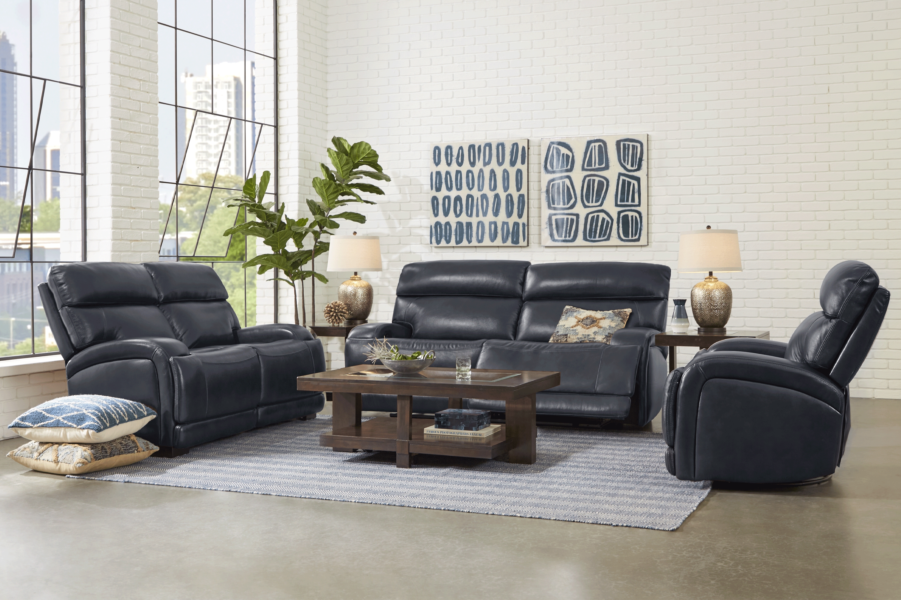 Burgio Navy Leather Reclining Sofa - Thumbnail - Image 2