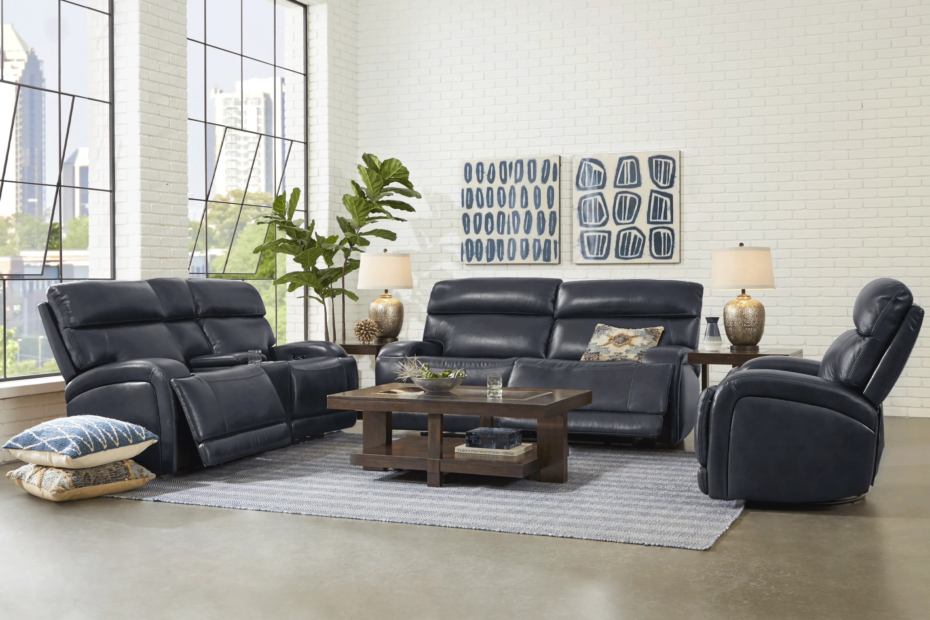 Burgio Navy Leather 3 Pc Reclining Living Room - Thumbnail - Image 1