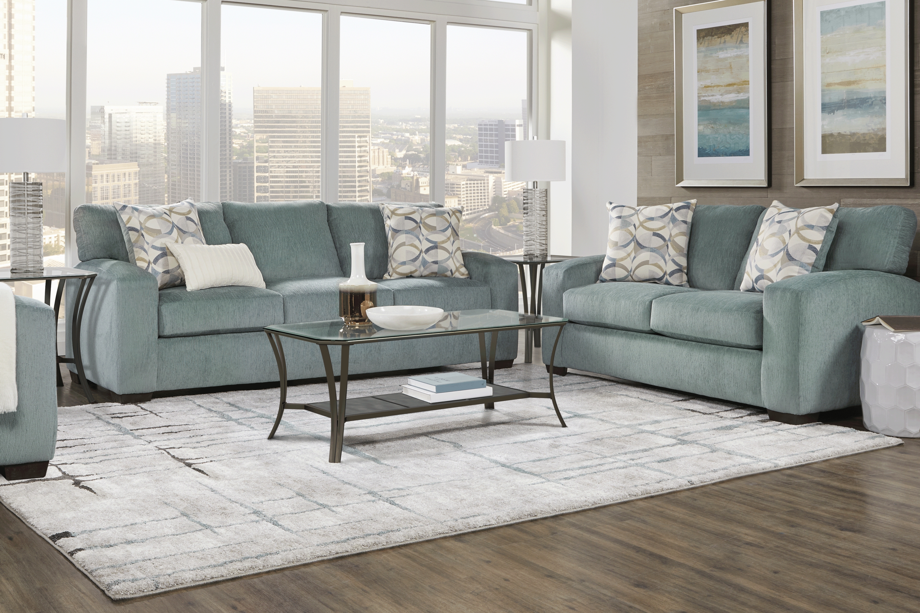 Burke Teal 7 Pc Living Room with Gel Foam Sleeper Sofa - Thumbnail - Image 1