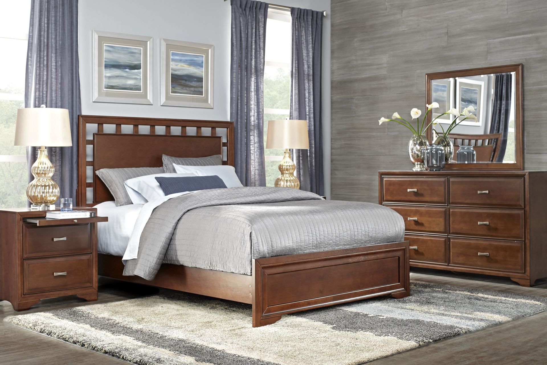 Belcourt Brown Cherry Finish 5 Pc Queen Lattice Bedroom - Image 1