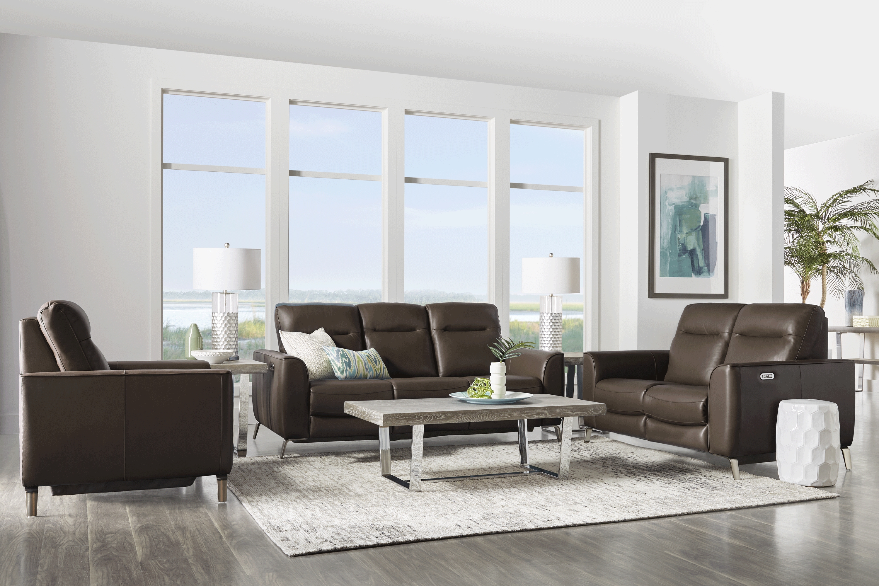 Calabra Chocolate Leather 5 Pc Reclining Living Room - Thumbnail - Image 1