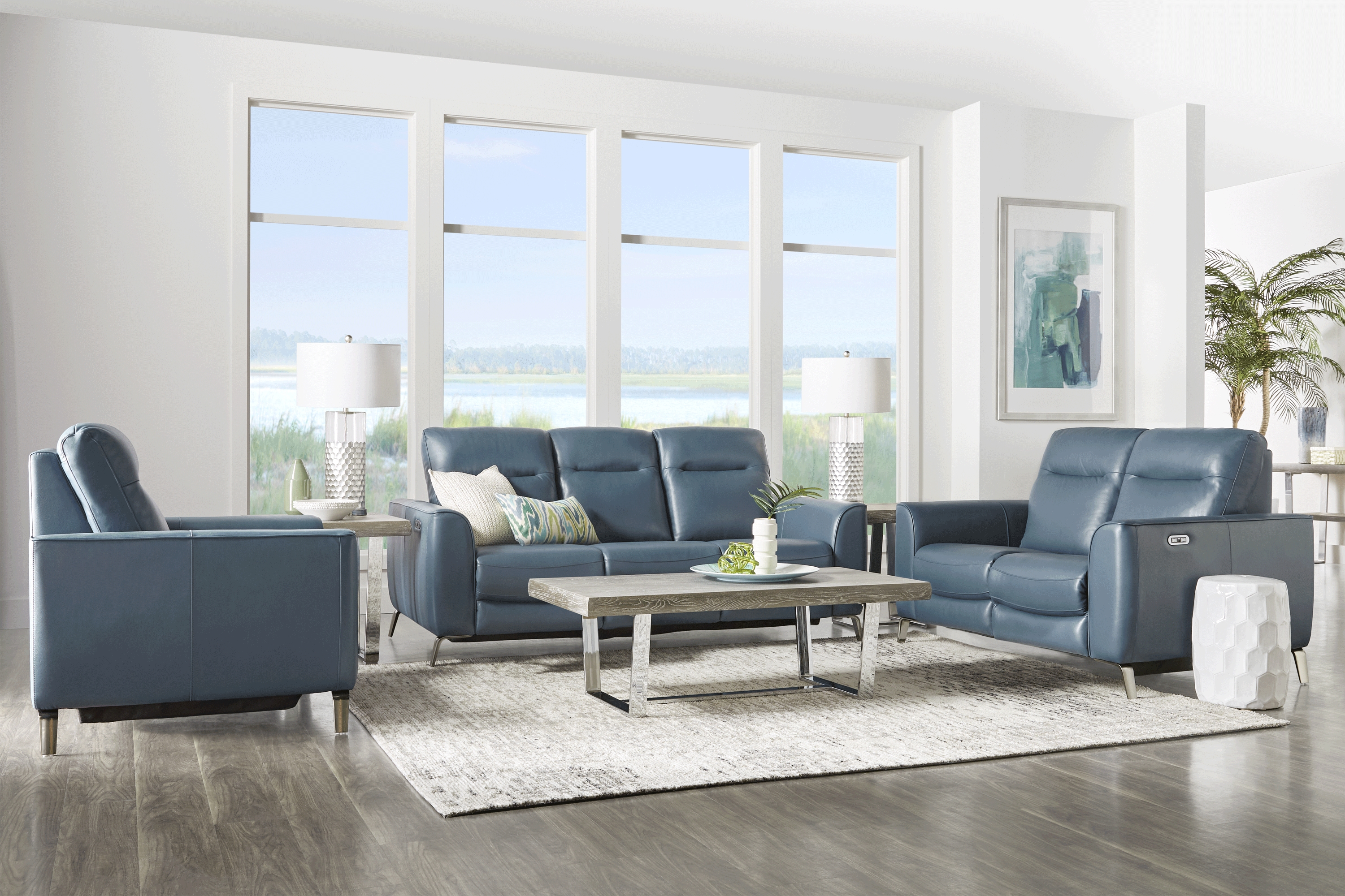 Calabra Ocean Leather 6 Pc Reclining Living Room - Thumbnail - Image 1