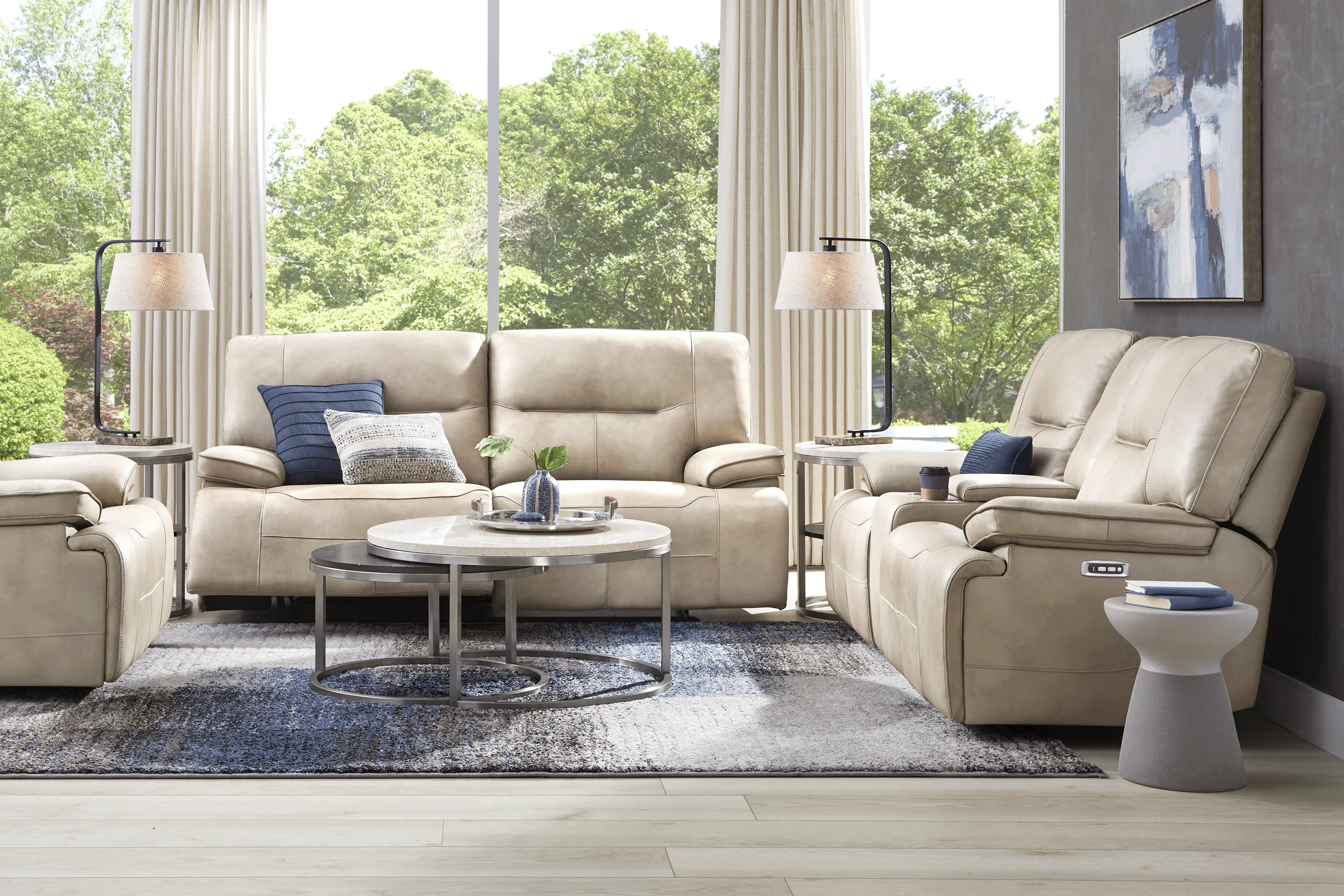 Caletta Way Beige Leather 8 Pc Dual Power Reclining Living Room - Thumbnail - Image 1