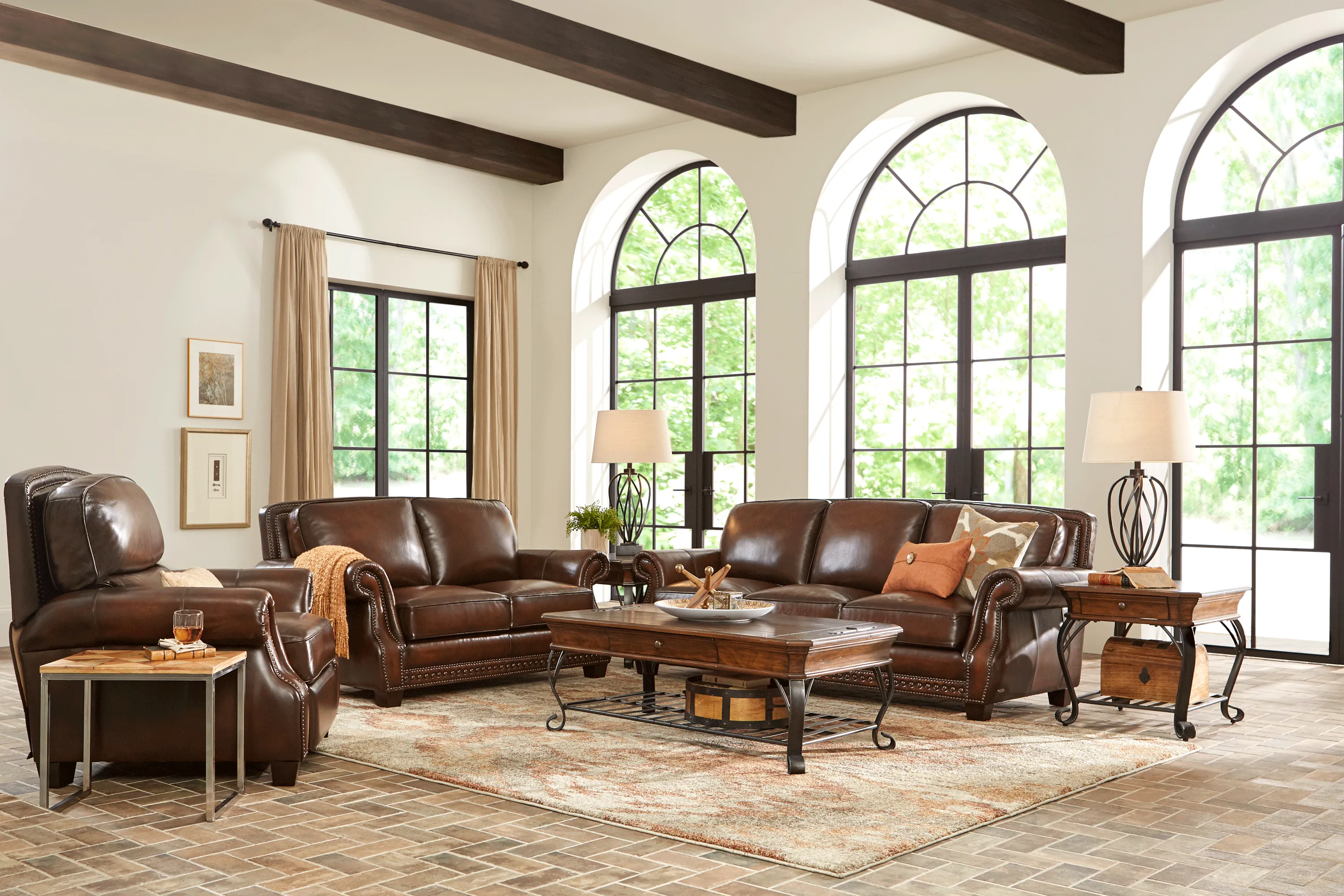 Calvano Brown Leather 7 Pc Living Room with Gel Foam Sleeper Sofa - Thumbnail - Image 1