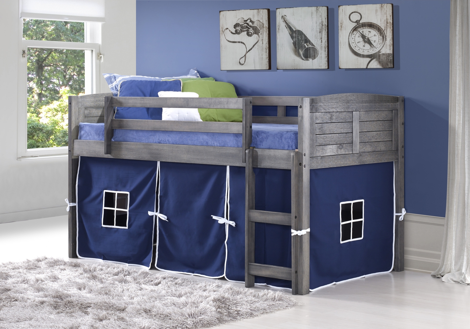 Camp Hideaway Gray Twin Jr. Loft Bed with Blue Tent - Thumbnail - Image 1