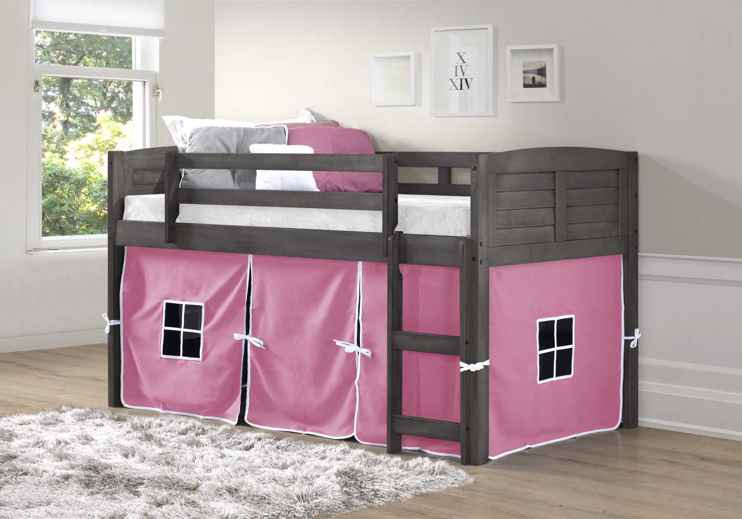 Camp Hideaway Gray Twin Jr. Loft Bed with Pink Tent - Thumbnail - Image 1