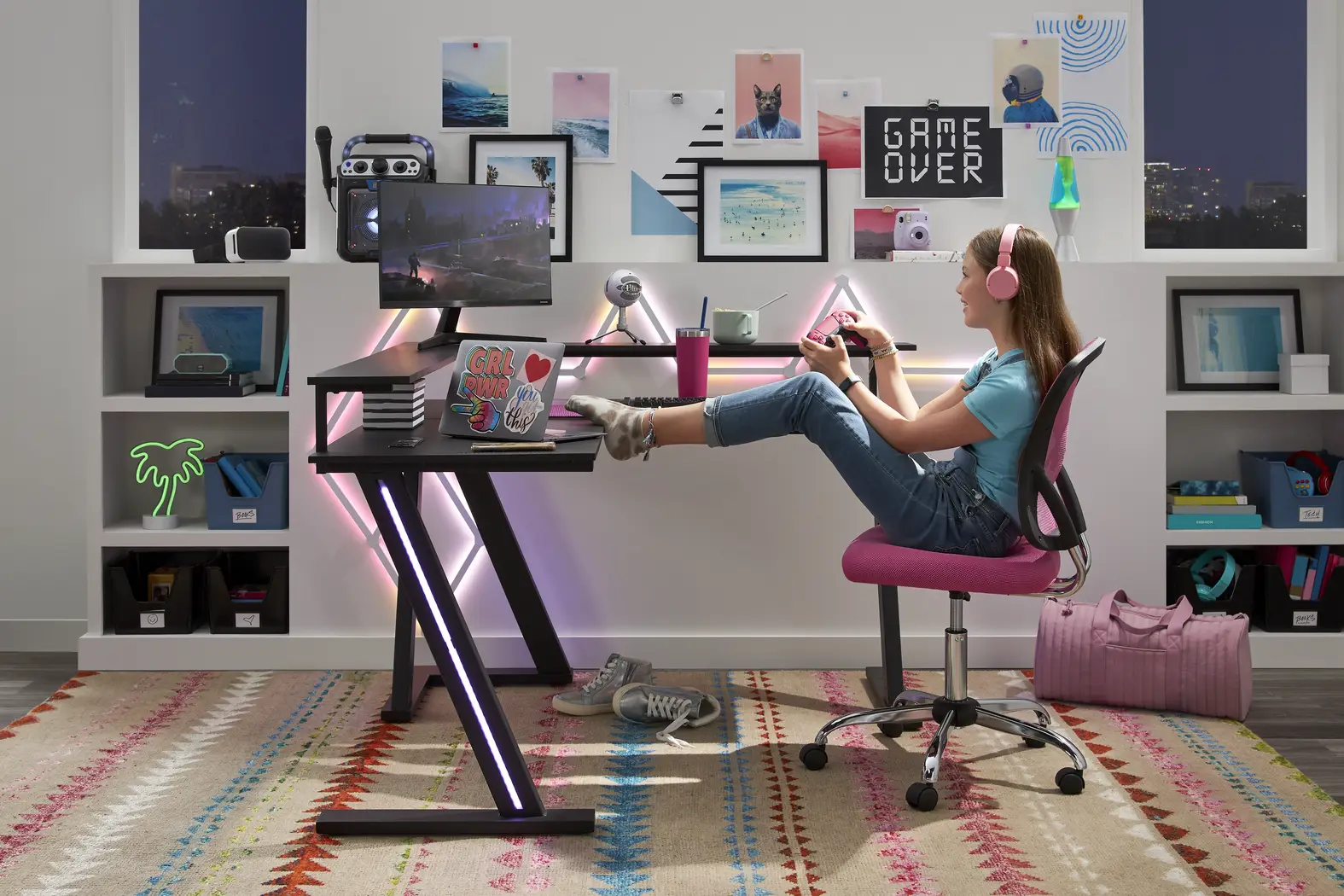 Kids Carbon Optix Black L-Shaped Computer Desk with LED Lights - Image 6