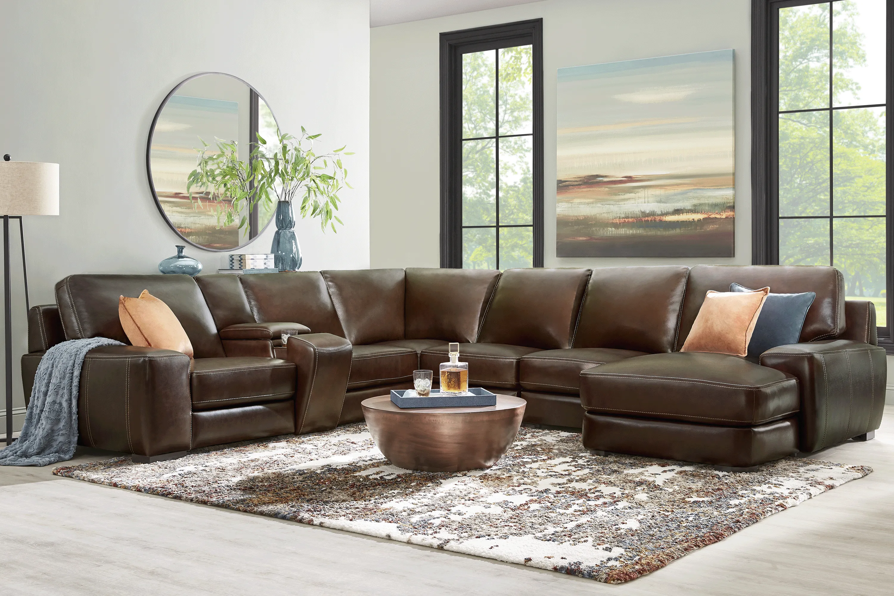 Cardenas Mahogany Leather 7 Pc Sectional - Thumbnail - Image 2