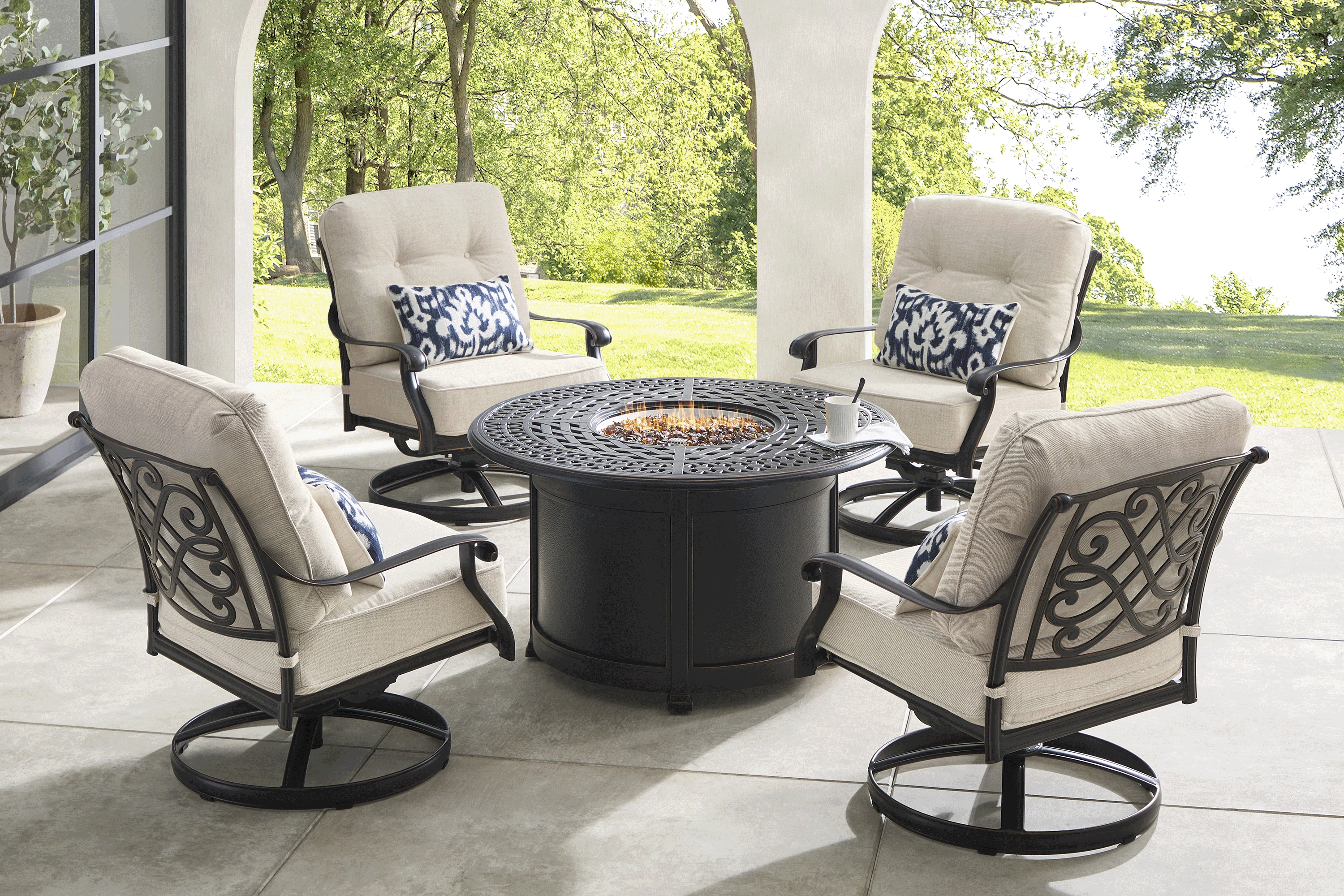 Carina Bronze 5 Pc Outdoor Fire Pit Seating Set with Desert Cushions - Thumbnail - Image 1