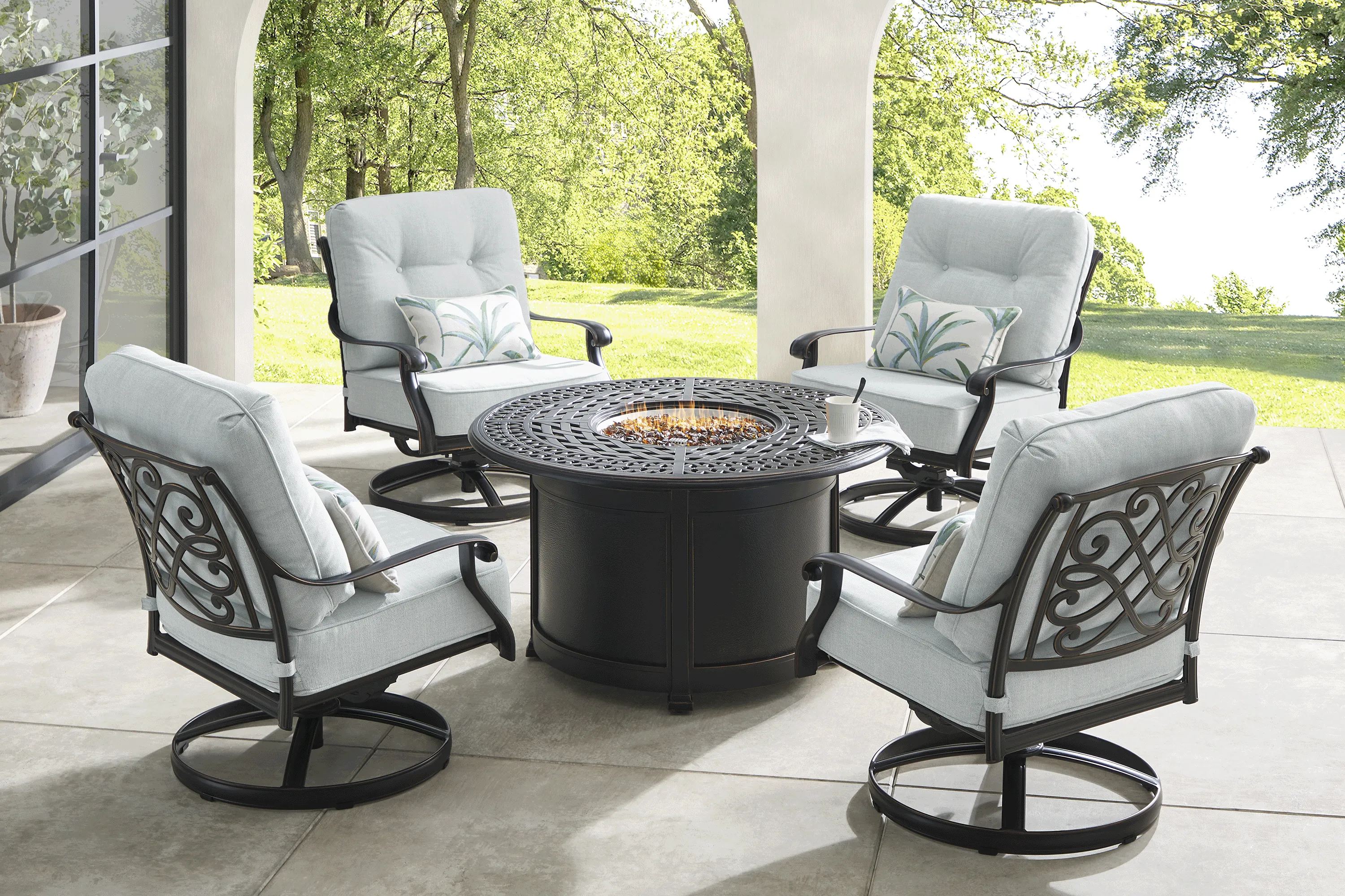 Carina Bronze 5 Pc Outdoor Fire Pit Seating Set with Sky Cushions - Thumbnail - Image 1