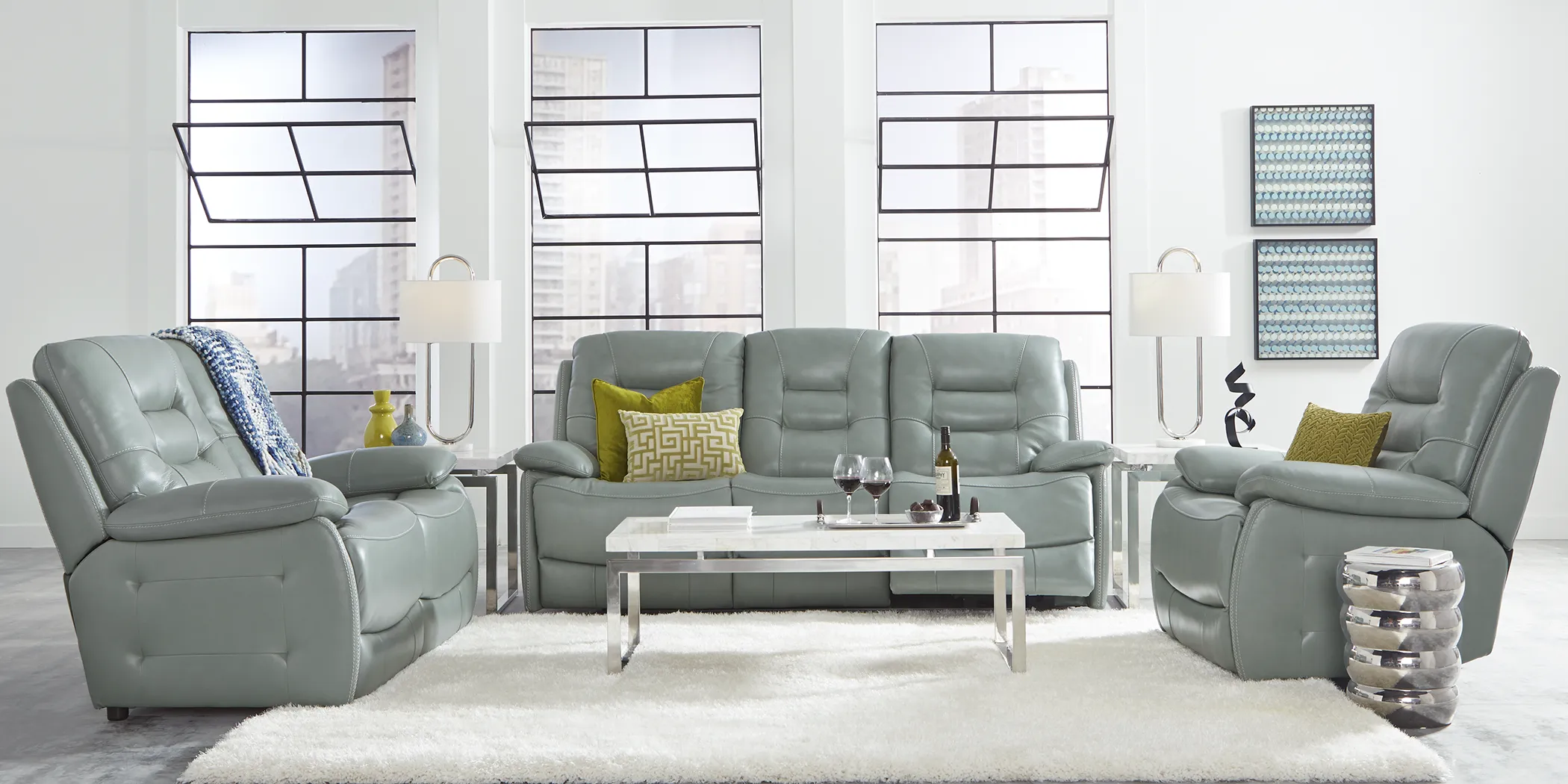 Carini Seafoam Leather 5 Pc Living Room with Reclining Sofa - Thumbnail - Image 1