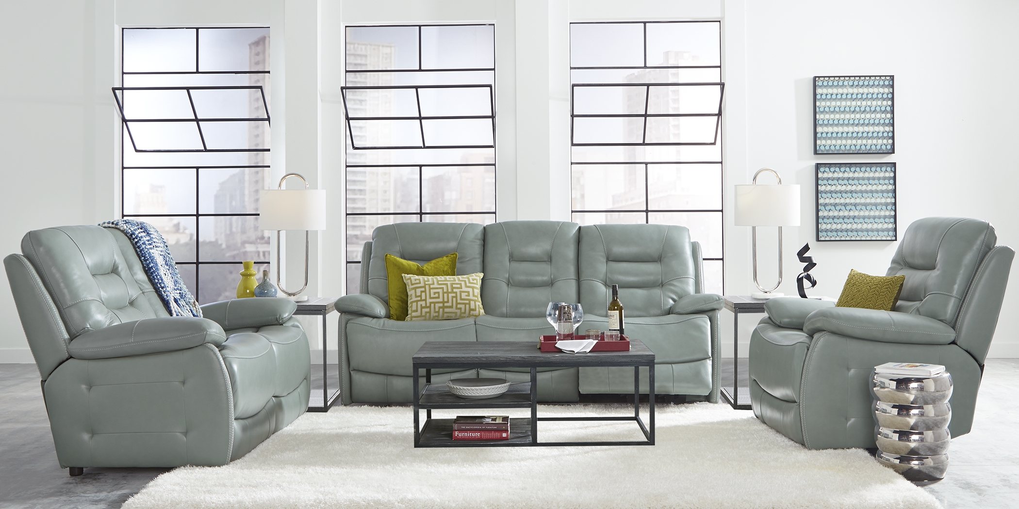 Carini Seafoam Leather 8 Pc Living Room with Reclining Sofa - Thumbnail - Image 1