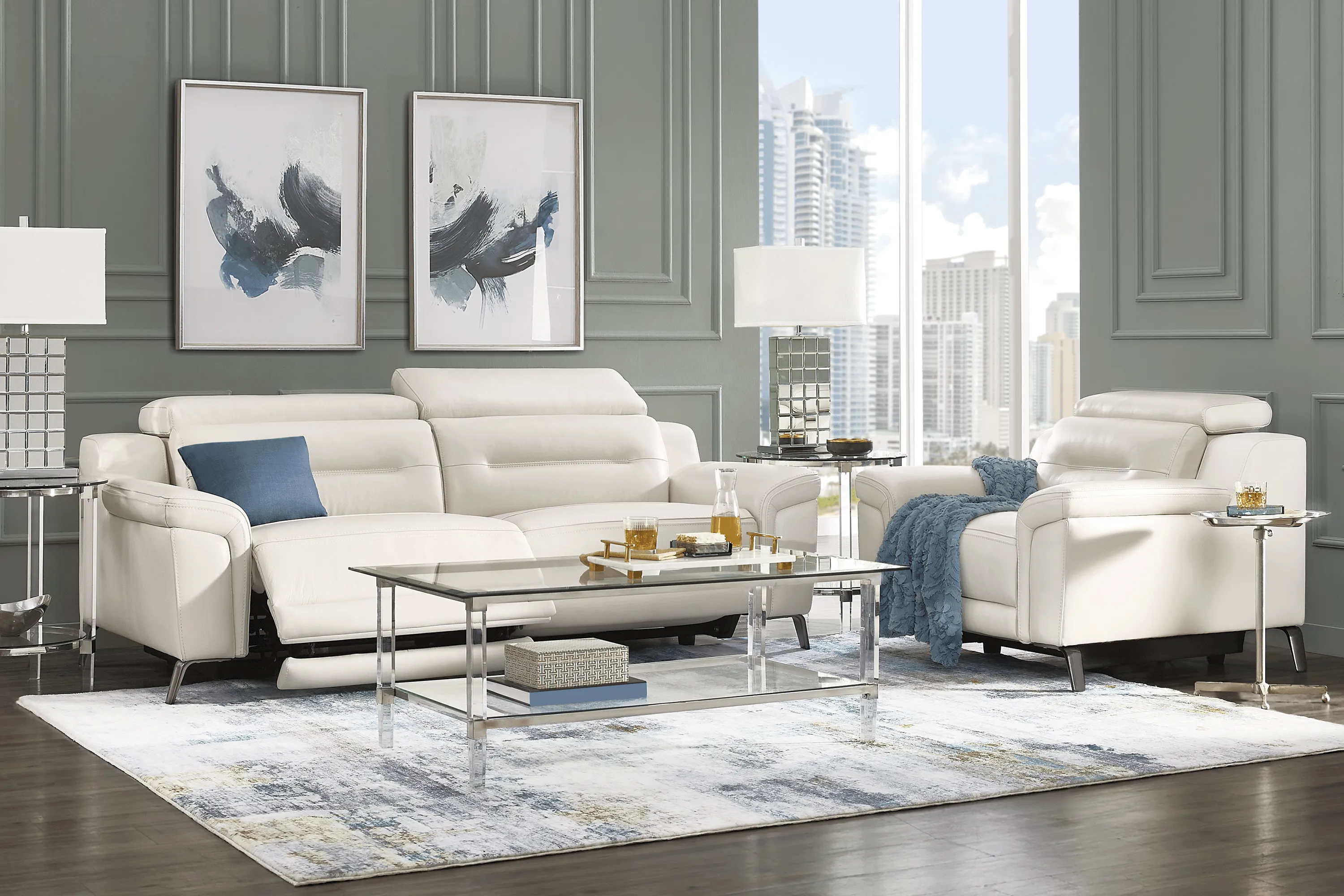 Castella Ivory Leather 5 Pc Dual Power Reclining Living Room - Thumbnail - Image 1