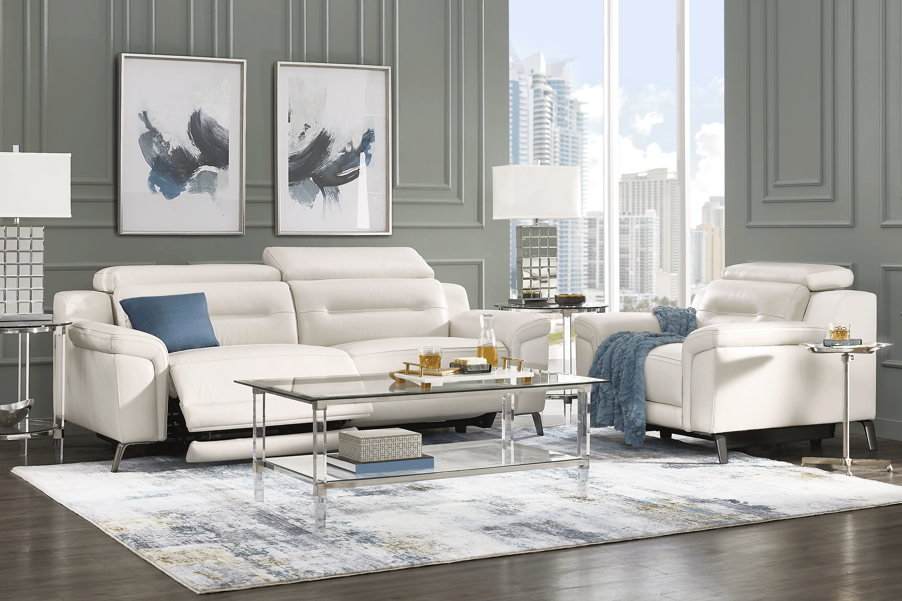 Castella Ivory Leather 5 Pc Dual Power Reclining Living Room - Thumbnail - Image 1