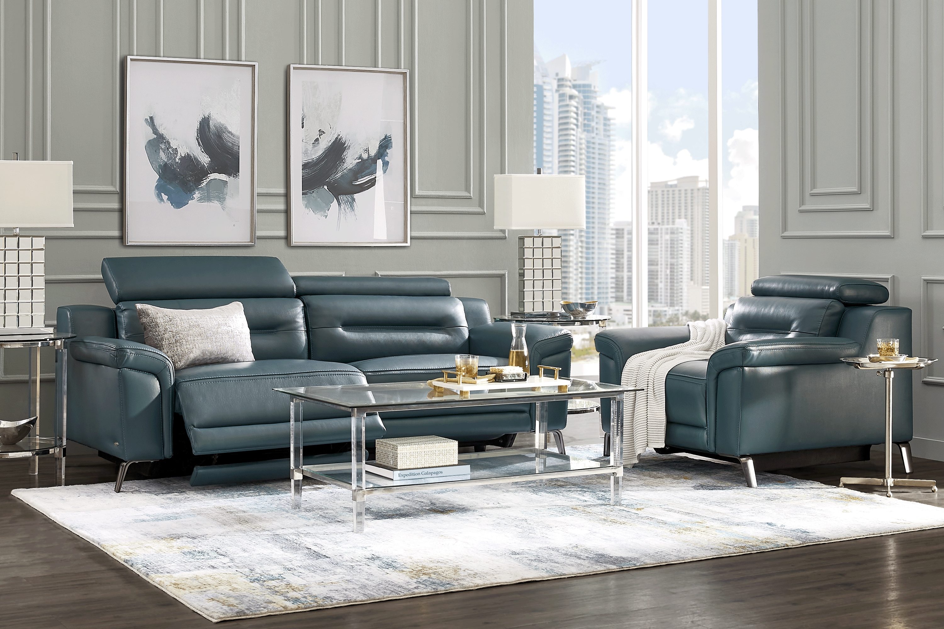 Castella Teal Leather 7 Pc Dual Power Reclining Living Room - Thumbnail - Image 1