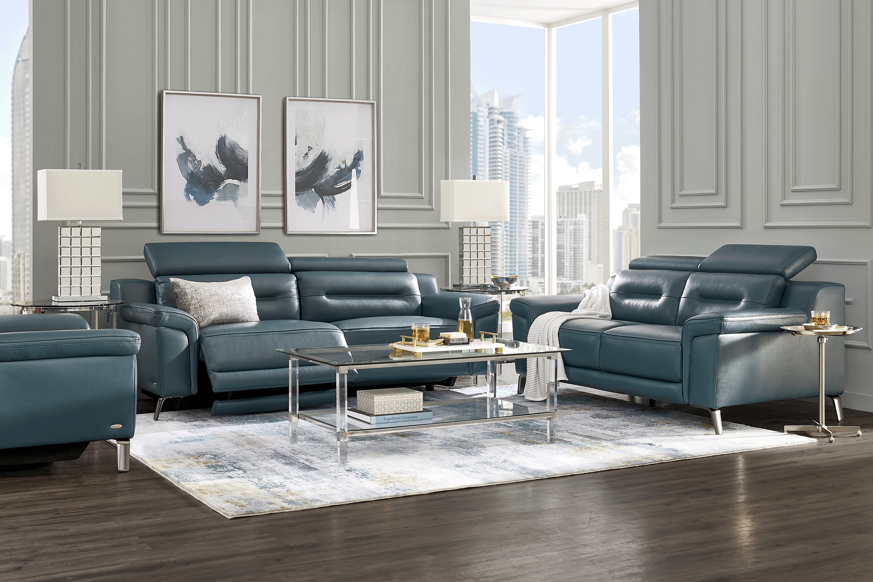 Castella Teal Leather 7 Pc Dual Power Reclining Living Room - Thumbnail - Image 1