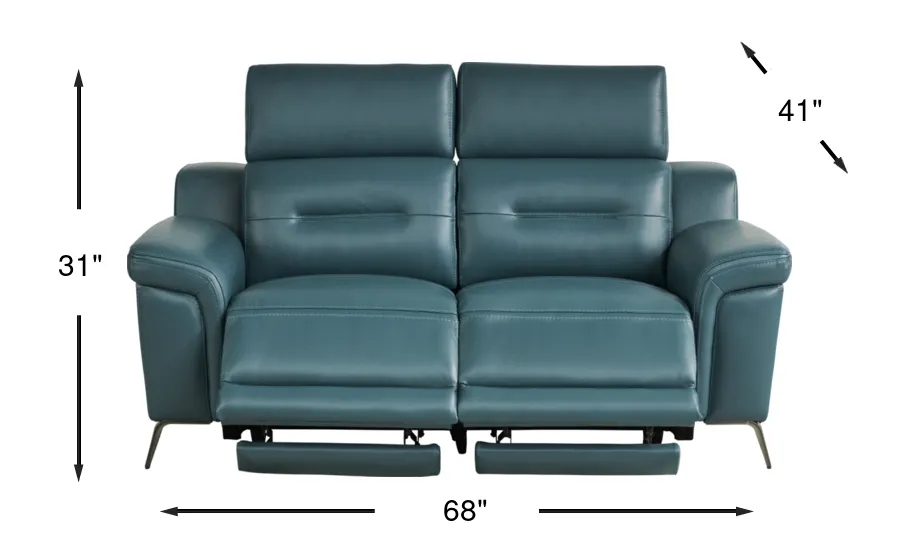 Castella Teal Blue,Green Leather Dual Power Reclining Loveseat