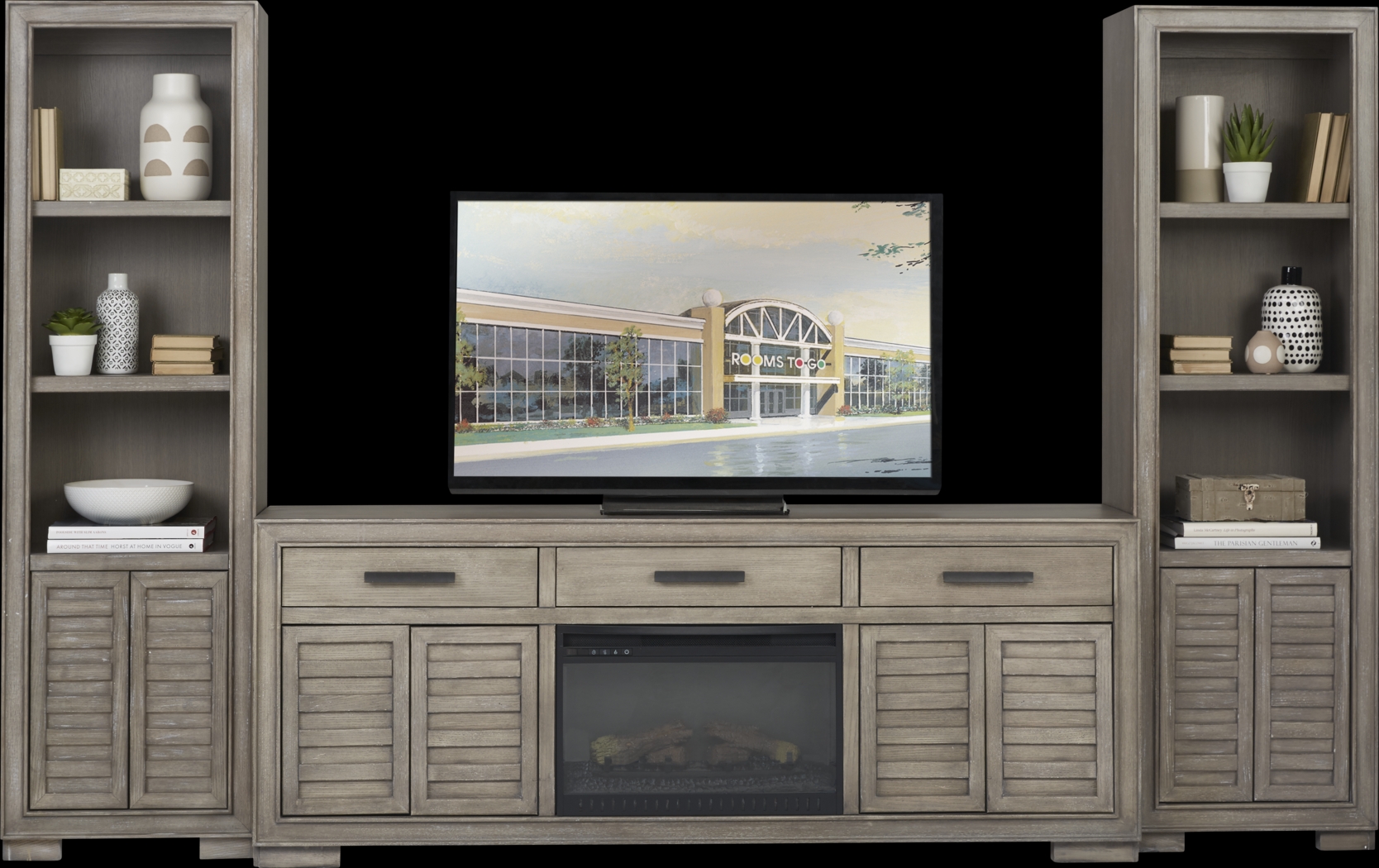 Cates Ridge Light Gray 3 Pc Wall Unit with Electric Log Fireplace - Thumbnail - Image 2