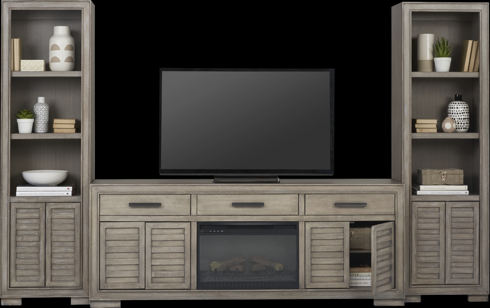 Cates Ridge Light Gray 3 Pc Wall Unit with Electric Log Fireplace - Thumbnail - Image 3