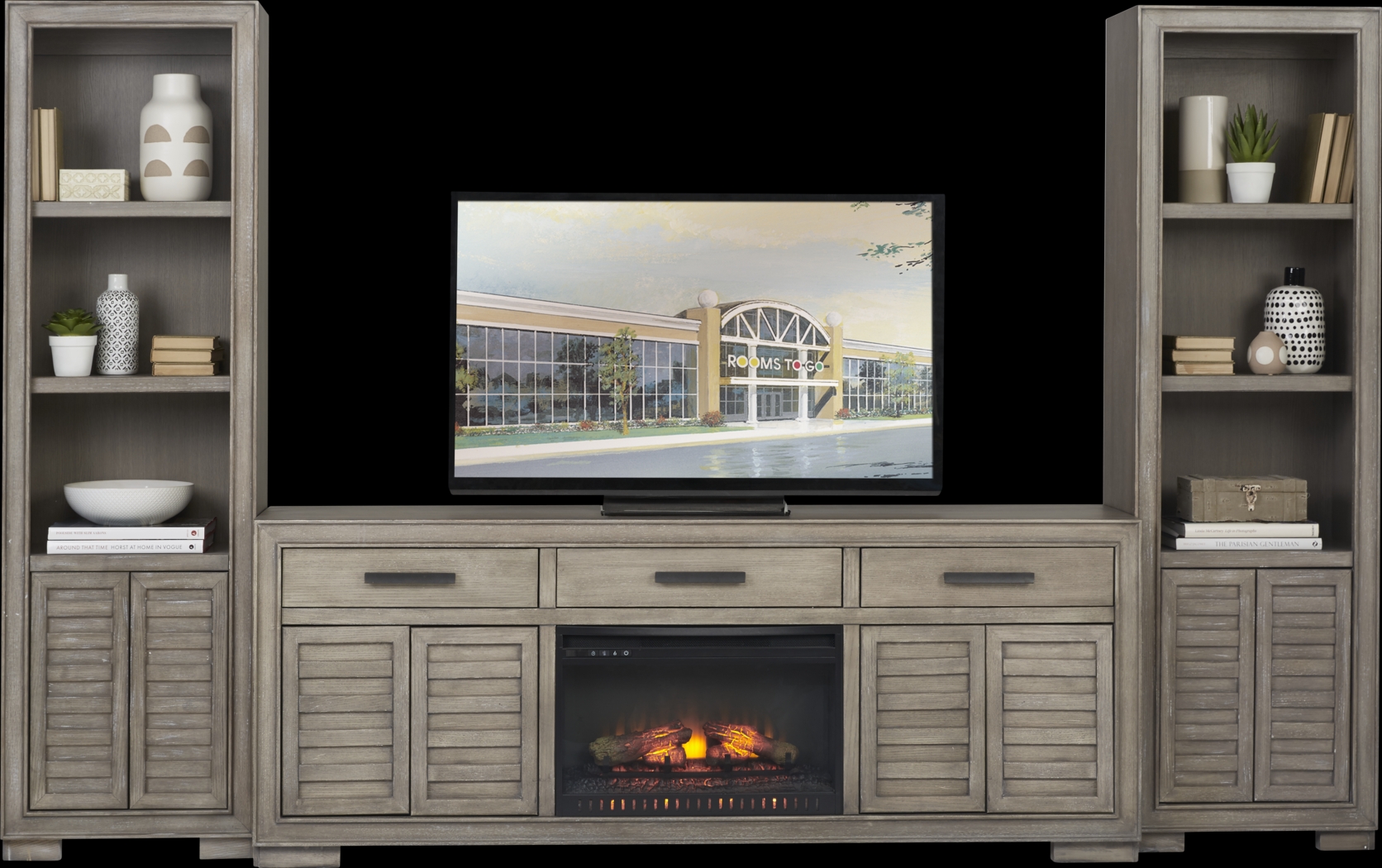 Cates Ridge Light Gray 3 Pc Wall Unit with Electric Log Fireplace - Thumbnail - Image 1